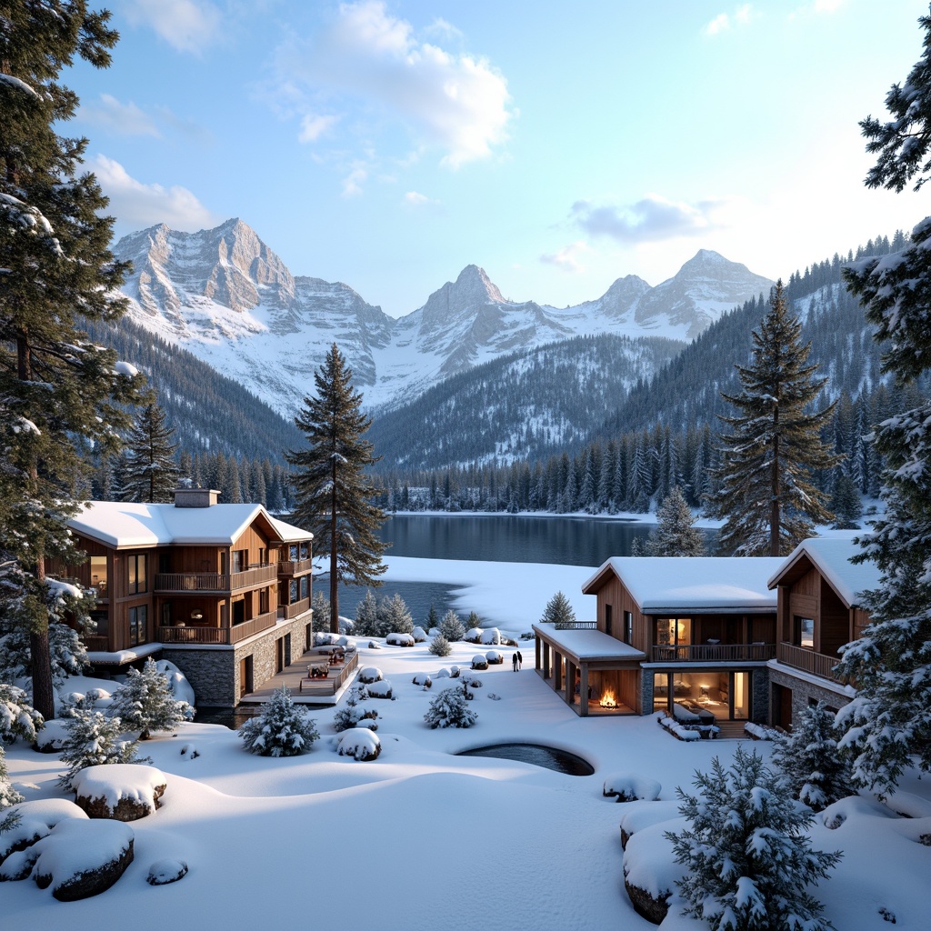 Prompt: Snow-capped mountains, lush pine forests, frozen lakes, wooden ski lodges, rustic stone foundations, steeply pitched roofs, earthy color palette, natural textiles, cozy fireplaces, wooden accents, minimalist decor, eco-friendly materials, solar panels, wind turbines, green roofs, energy-efficient systems, snow-covered slopes, serene winter landscape, soft warm lighting, shallow depth of field, 3/4 composition, panoramic view, realistic textures, ambient occlusion.