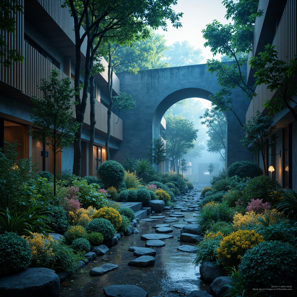 Prompt: Vibrant sapphire blue hues, earthy tones, lush greenery, natural stone textures, wooden accents, organic shapes, botanical patterns, delicate florals, soft misty lighting, warm atmospheric perspective, 1/1 composition, intimate close-up shots, realistic renderings, ambient occlusion.