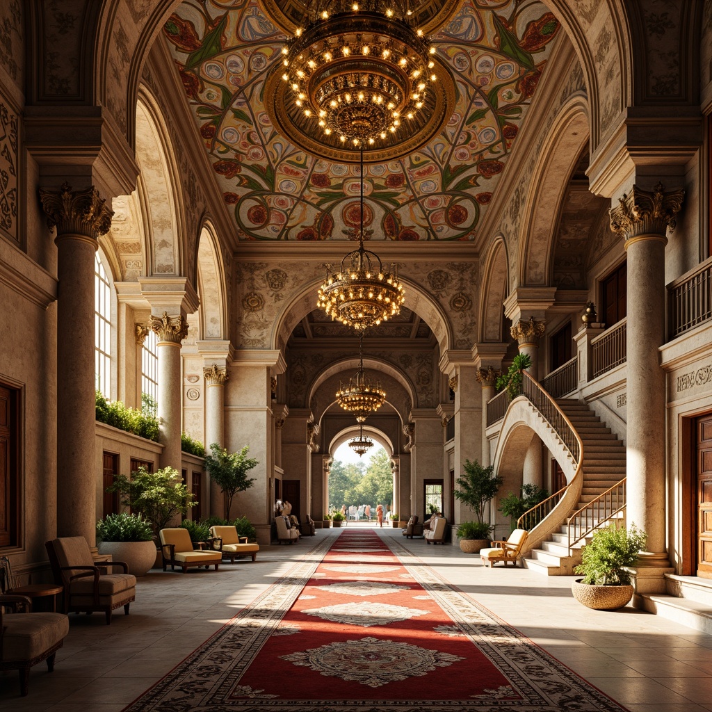 Prompt: Grand Byzantine palace, ornate archways, intricately carved stone columns, golden domes, vibrant mosaics, richly patterned textiles, lavish furnishings, opulent chandeliers, grand staircases, sweeping curves, majestic proportions, warm golden lighting, soft focus, shallow depth of field, 2/3 composition, realistic textures, ambient occlusion.