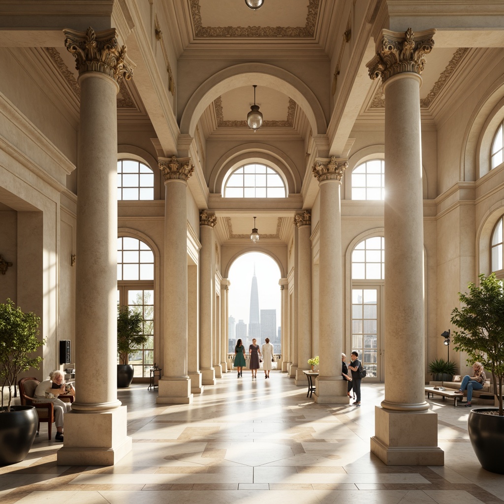 Prompt: Elegant columns, ornate capitals, sturdy bases, majestic arches, grand entrance, sophisticated facade, neoclassical architecture, cream-colored stone, polished marble floors, high ceilings, spacious interior, natural light pouring in, warm ambient lighting, soft shadows, shallow depth of field, 3/4 composition, panoramic view, realistic textures, ambient occlusion.