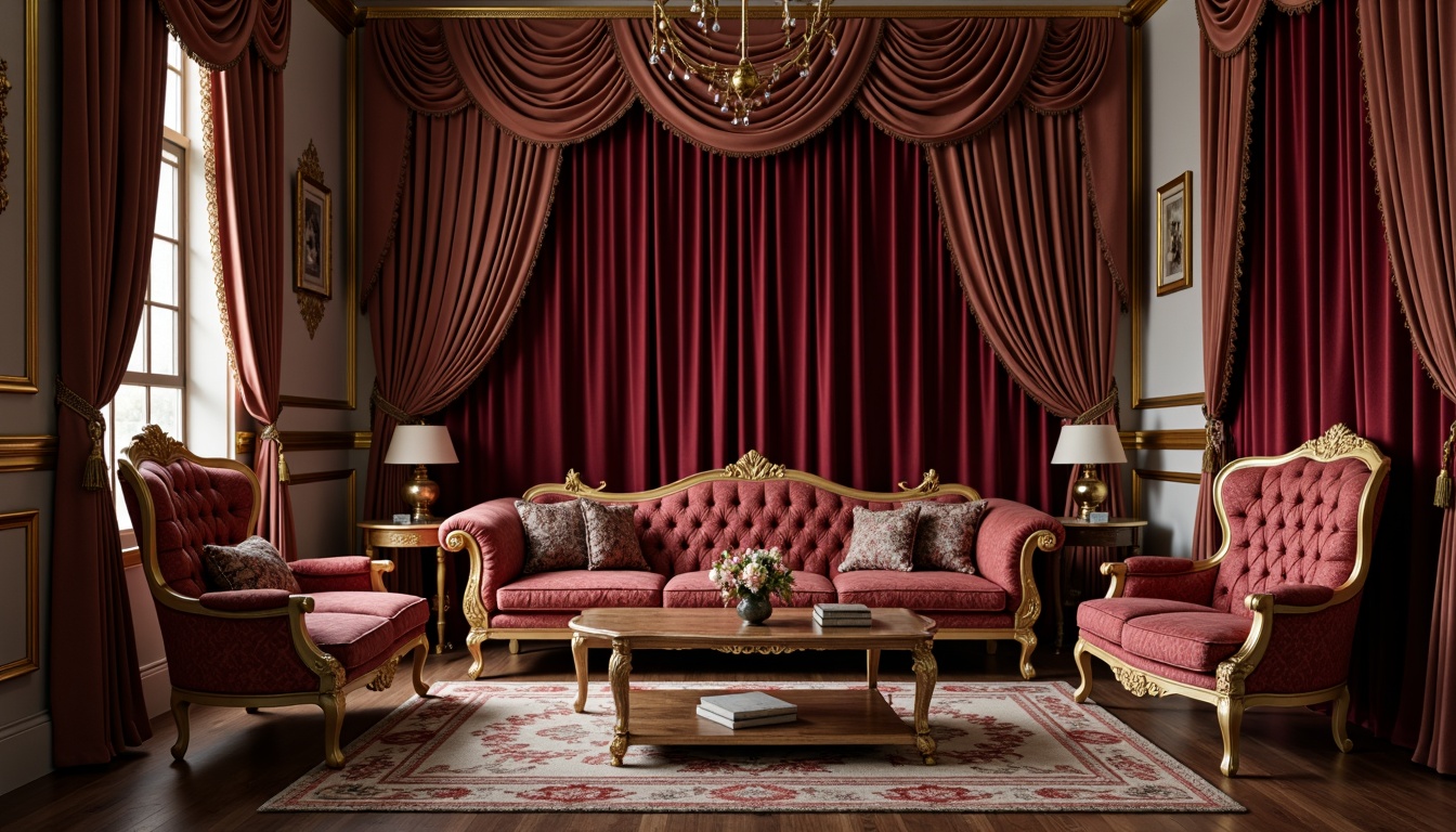 Prompt: Luxurious velvet fabrics, rich jewel-toned colors, ornate golden frames, plush tufted upholstery, elegant silk drapes, subtle sheen finishes, intricate floral patterns, refined herringbone designs, sophisticated damask motifs, opulent tassel trimmings, lavish crystal embellishments, soft warm lighting, shallow depth of field, 1/1 composition, realistic textures, ambient occlusion.