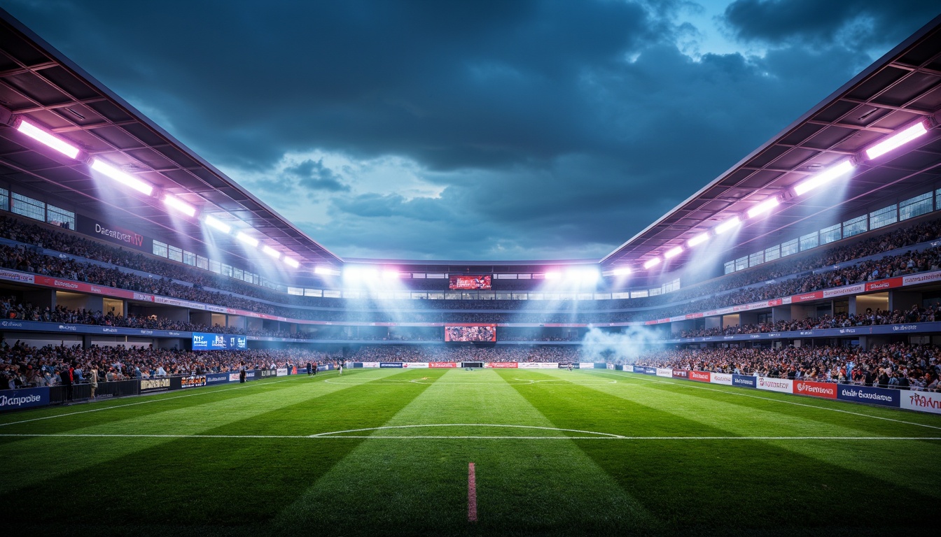 Prompt: Modern sports stadium, sleek architectural design, vibrant LED lighting systems, high-intensity floodlights, dynamic color-changing effects, advanced optical fibers, energy-efficient illumination, futuristic lamp posts, gleaming metal structures, panoramic views, atmospheric misting, lush green turf, cheering crowds, sunny day, dramatic shadows, realistic textures, ambient occlusion.