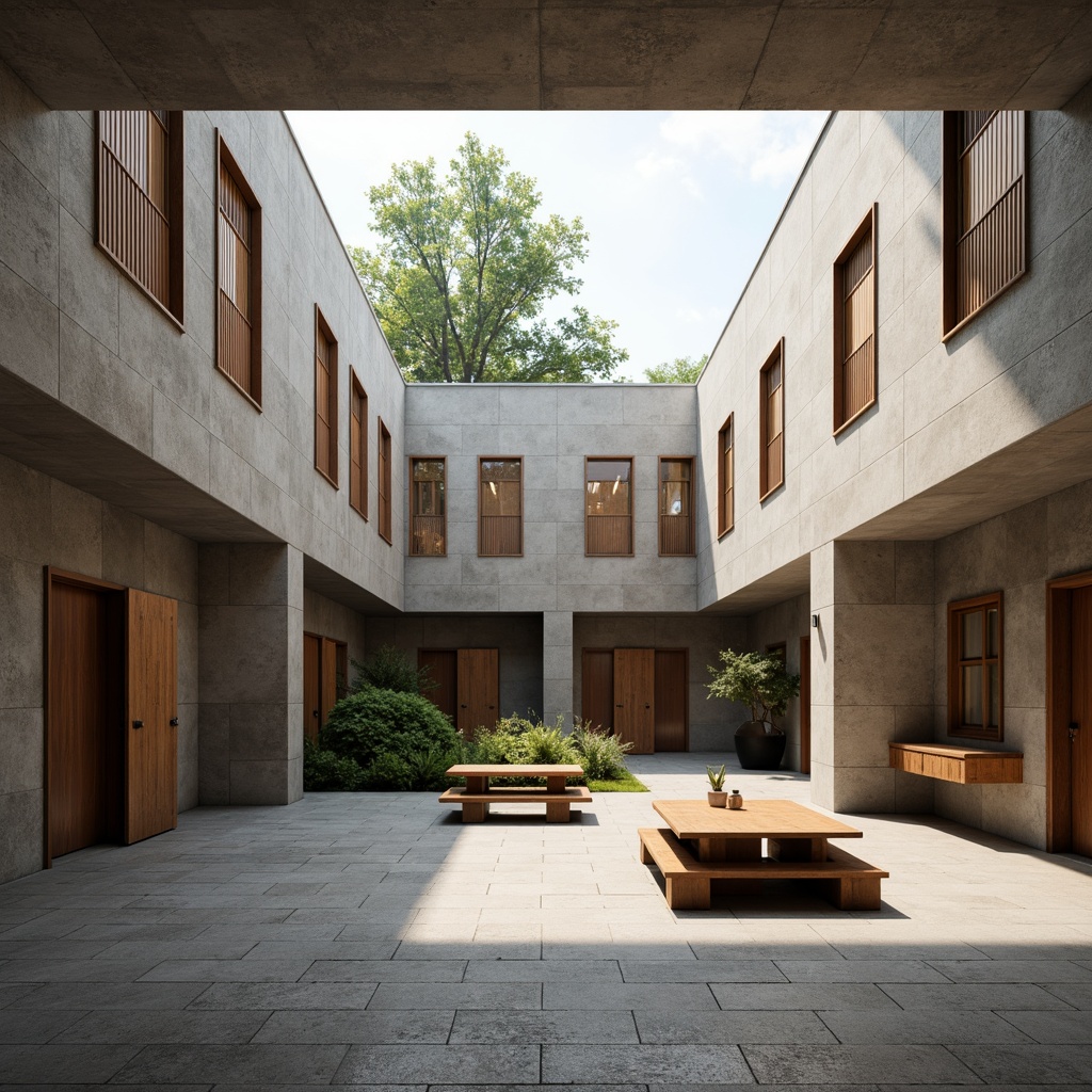 Prompt: Minimalist monastery courtyard, brutalist stone walls, rustic wooden doors, sparse greenery, natural light pouring through clerestory windows, austere Bauhaus-inspired architecture, clean lines, rectangular forms, functional simplicity, monastic cells, communal spaces, refectory tables, stone floors, vaulted ceilings, subtle warm lighting, shallow depth of field, 2/3 composition, realistic textures, ambient occlusion.