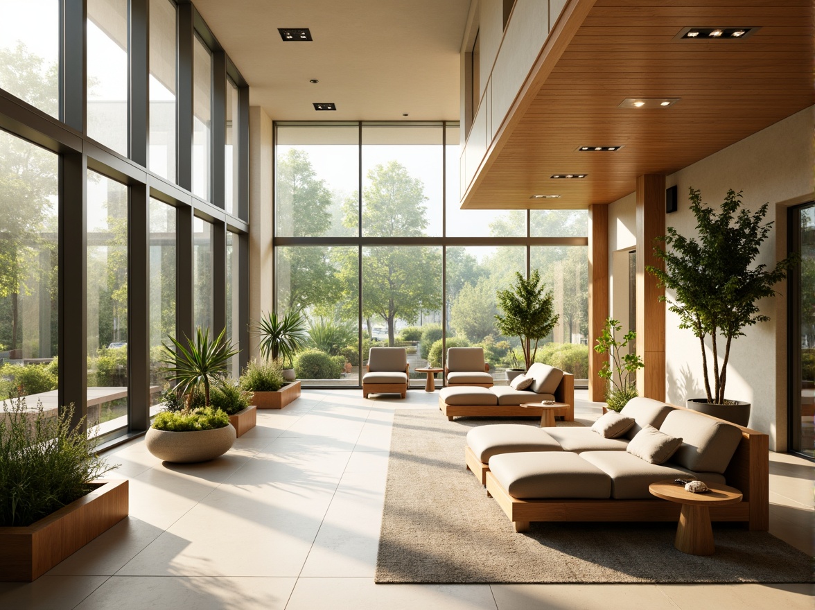 Prompt: Wellness-focused healthcare facility, abundant natural light, floor-to-ceiling windows, warm beige tones, calming atmosphere, lush greenery, soothing water features, comfortable waiting areas, ergonomic seating, wooden accents, minimal ornamentation, gentle color palette, soft diffused lighting, shallow depth of field, 1/2 composition, realistic textures, ambient occlusion.