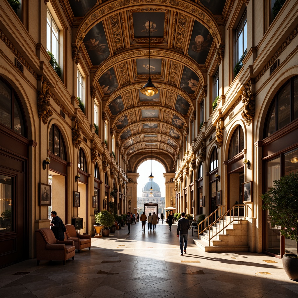 Prompt: Ornate train station, grandiose entrance halls, sweeping staircases, intricate moldings, gilded details, ornamental frescoes, vaulted ceilings, dramatic archways, marble floors, bronze fixtures, lavish chandeliers, opulent furnishings, rich textures, warm golden lighting, shallow depth of field, 1/1 composition, symmetrical view, highly detailed ornaments, realistic reflections, ambient occlusion.