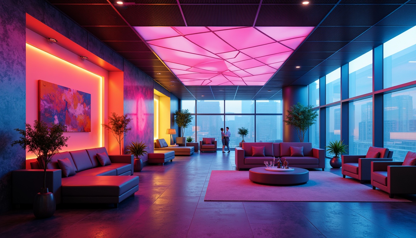 Prompt: Vibrant modern design studio, bold bright colors, pastel hues, monochromatic scheme, contrasting accents, rich textures, sleek metallic surfaces, minimalist aesthetic, abstract geometric patterns, futuristic neon lights, ambient glow, high-contrast shadows, cinematic mood, 3/4 composition, shallow depth of field, realistic rendering, atmospheric perspective.