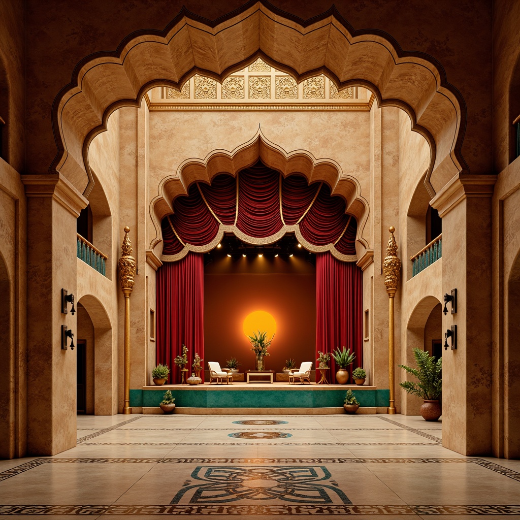 Prompt: Luxurious desert opera house, majestic sandstone architecture, intricately patterned Moorish tiles, grandiose entrance archways, opulent golden accents, lavish crimson velvet curtains, ornate bronze fixtures, mystical turquoise mosaics, warm beige stucco walls, dramatic spotlights, soft apricot sunset glow, shallow depth of field, 1/2 composition, symmetrical framing, vivid color contrasts, realistic textures, ambient occlusion.