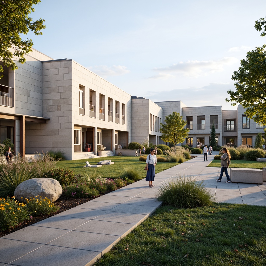 Prompt: Modern school building, minimalist architecture, clean lines, neutral color palette, large windows, natural stone fa\u00e7ade, sleek metal accents, open courtyard, lush greenery, vibrant flowers, ornamental grasses, meandering pathways, educational signage, benches, bike racks, solar panels, rainwater harvesting systems, eco-friendly materials, innovative drainage solutions, soft warm lighting, shallow depth of field, 3/4 composition, panoramic view, realistic textures, ambient occlusion.Please let me know if this meets your requirements!