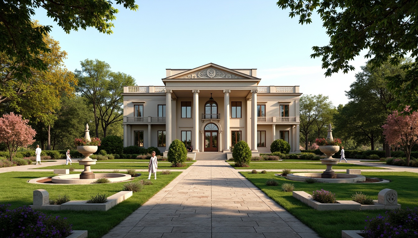 Prompt: Elegant neoclassical mansion, symmetrical facade, grand entrance, ornate columns, manicured lawns, topiary trees, blooming flowers, meandering walkways, decorative fountains, sculpted garden ornaments, natural stone pathways, rustic benches, classical urns, vibrant flowerbeds, sunny afternoon, soft warm lighting, shallow depth of field, 1/1 composition, panoramic view, realistic textures, ambient occlusion.