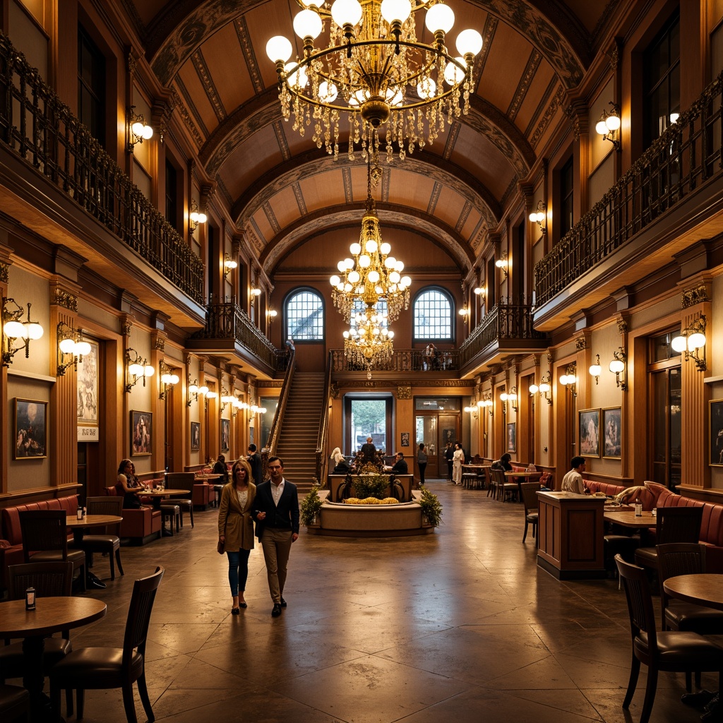 Prompt: Grandiose train station, ornate chandeliers, gilded sconces, crystal drops, intricate metalwork, lavish furnishings, opulent architecture, high ceilings, grand staircases, marble floors, ornamental railings, dramatic lighting, warm golden tones, soft focus, shallow depth of field, 1/2 composition, symmetrical framing, realistic reflections, ambient occlusion.