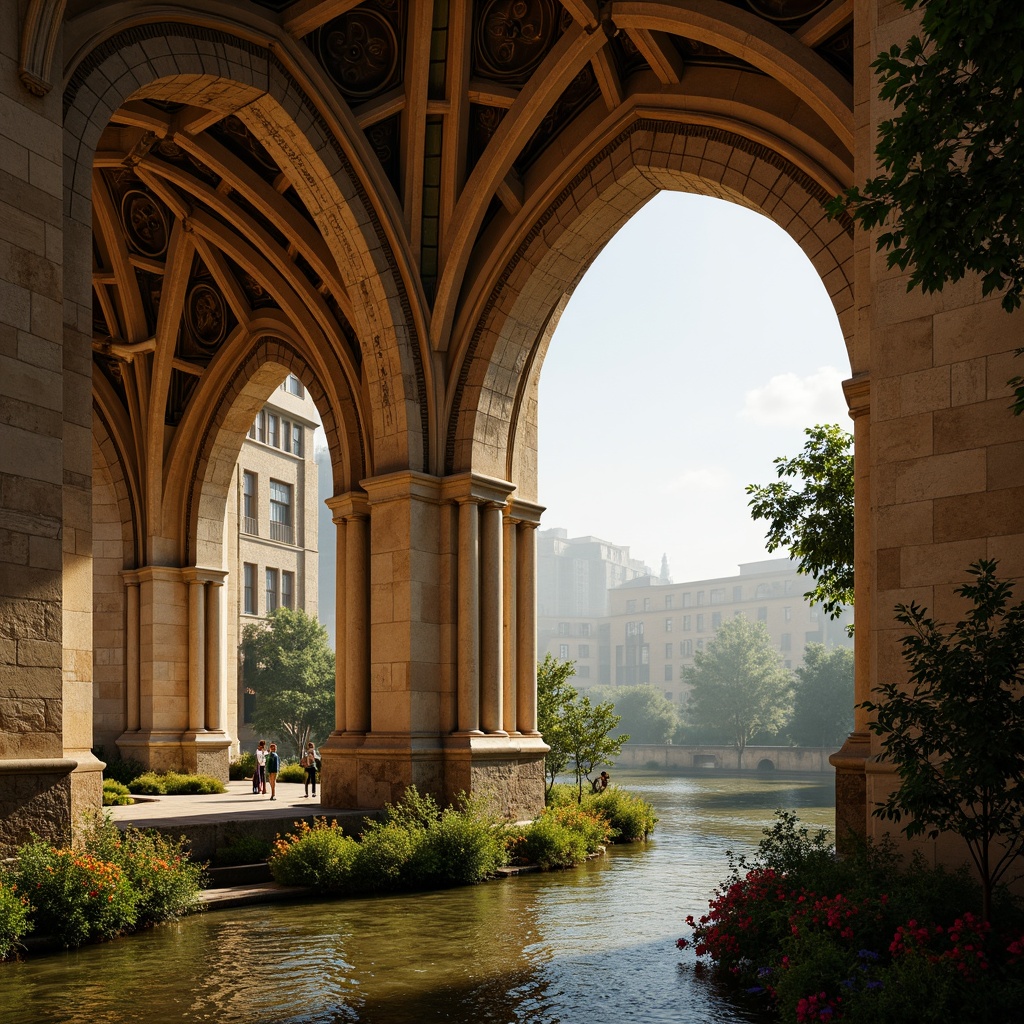 Prompt: Ancient bridge archways, intricately carved stone ornaments, grandiose vaulted ceilings, ornate columns, majestic Byzantine-style architecture, warm golden lighting, mystical ambiance, serene river waters, lush greenery, vibrant flowers, misty morning atmosphere, soft warm sunlight, 1/1 composition, realistic textures, ambient occlusion.Let me know if this meets your requirements!