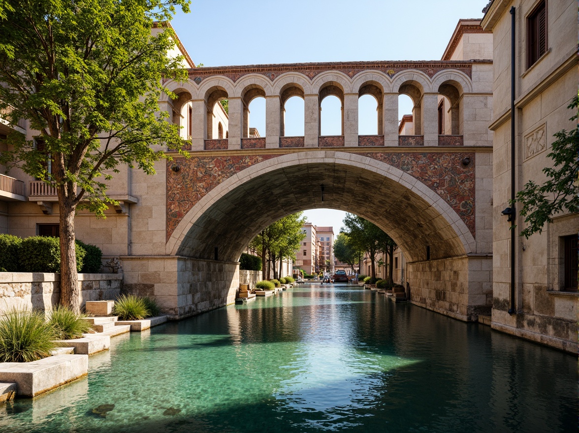 Prompt: Byzantine-style bridge, ancient stone arches, ornate carvings, rust-colored bricks, golden accents, intricate mosaics, turquoise waters, sunny Mediterranean day, warm soft lighting, shallow depth of field, 3/4 composition, panoramic view, realistic textures, ambient occlusion.