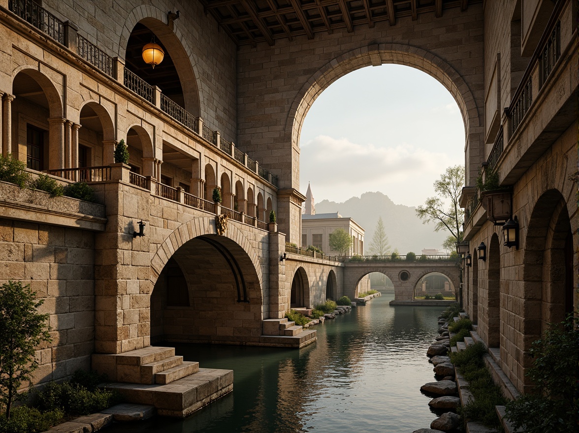 Prompt: Ancient Byzantine bridge, arched stone structures, ornate carvings, rustic stonework, weathered stones, moss-covered walls, grandiose pillars, intricate mosaics, golden accents, ornamental railings, sweeping arches, dramatic lighting, warm earthy tones, textured stone surfaces, historic landmarks, serene water reflections, majestic cityscapes, atmospheric fog effects, 1/2 composition, cinematic framing, high contrast ratio, warm color grading.