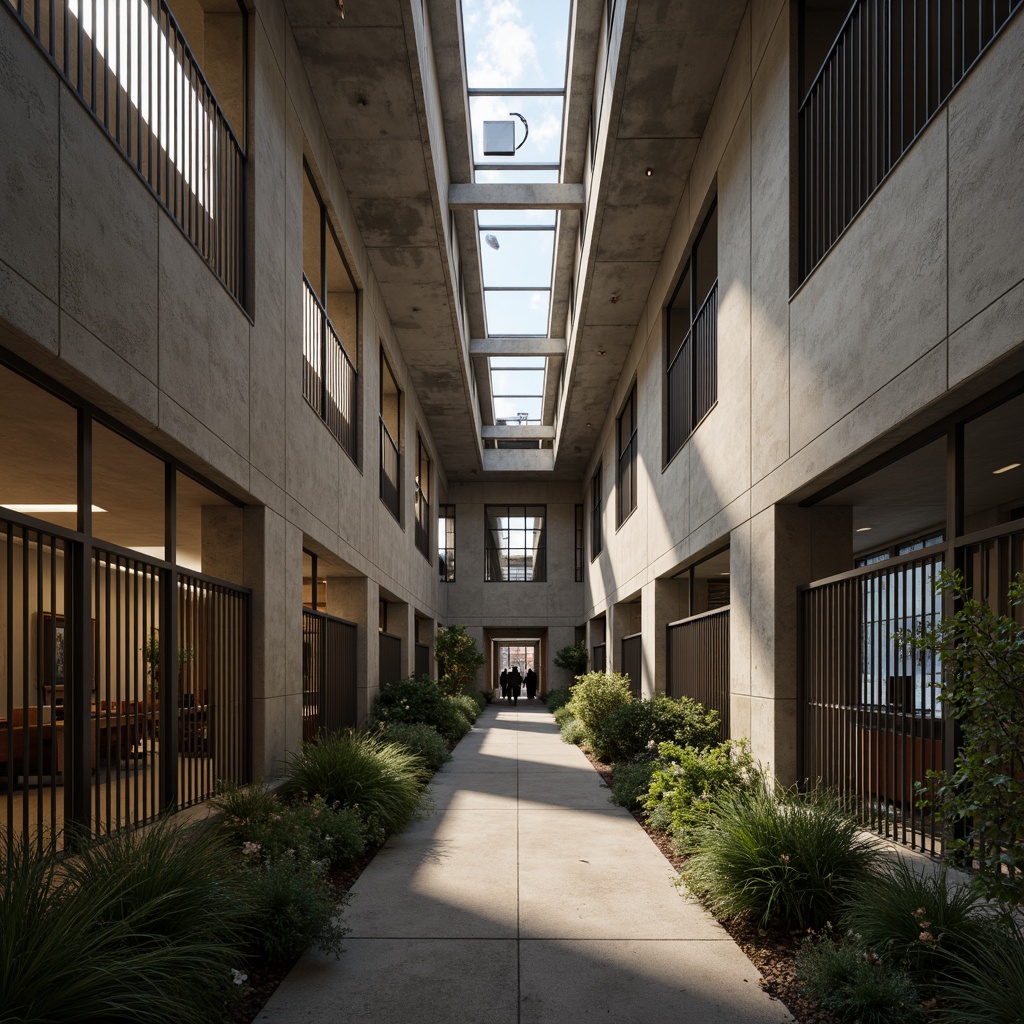 Prompt: Monastic architecture, brutalist concrete structures, minimalist ornamentation, functional simplicity, rustic stone walls, industrial metal accents, sparse greenery, cloistered courtyards, vaulted ceilings, stained glass windows, dim warm lighting, soft shadows, 1/1 composition, symmetrical framing, subtle texture overlay, atmospheric misting.