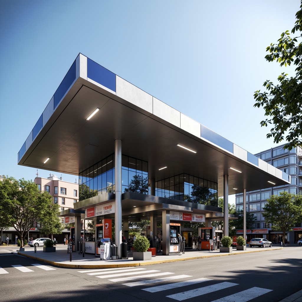 Prompt: Modern gas station, sleek metallic fa\u00e7ade, LED lighting, stainless steel fuel pumps, concrete foundations, glazed walls, minimalist canopy design, bold color schemes, urban landscape, busy street intersection, sunny day, high-contrast shadows, shallow depth of field, 1/1 composition, realistic textures, ambient occlusion, reflective surfaces, industrial-style signage, futuristic aesthetic.