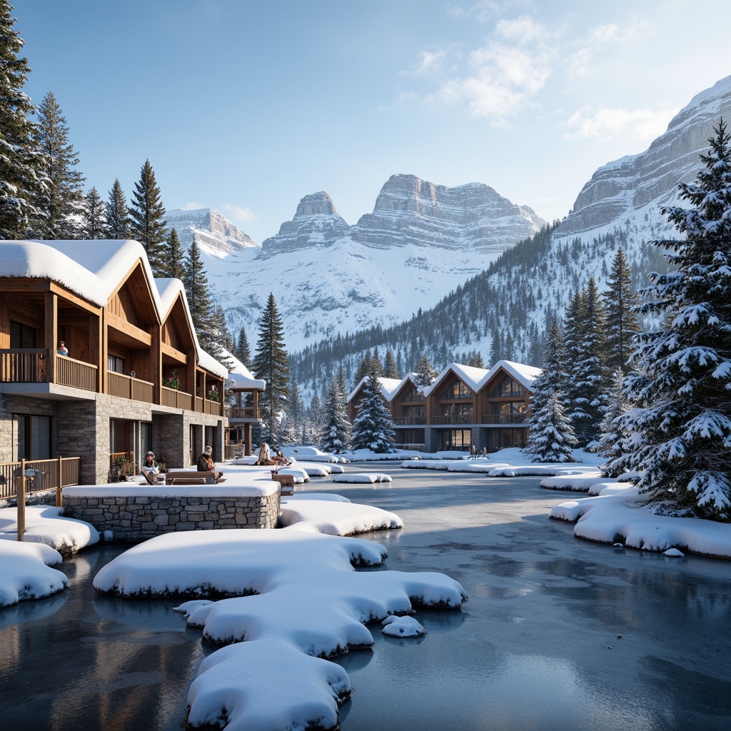 Prompt: Snow-capped mountain peaks, frozen lakes, rustic wooden bridges, ski lifts, snowy pine trees, frosty mist, warm cozy lodges, wooden accents, natural stone walls, modern alpine architecture, large windows, glass balconies, snowflake patterns, icy blue hues, soft warm lighting, shallow depth of field, 3/4 composition, panoramic view, realistic textures, ambient occlusion.