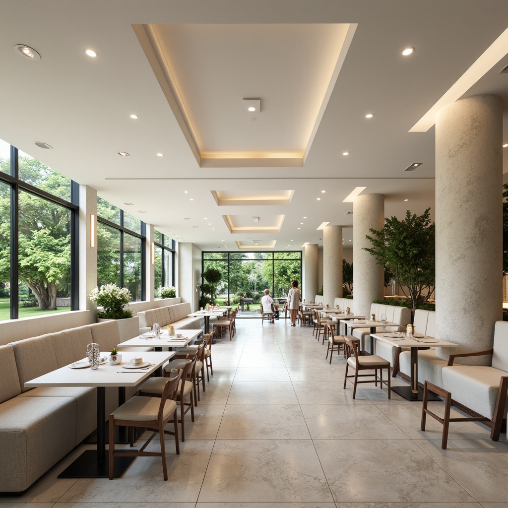 Prompt: Monochromatic dining hall, minimalist decor, creamy whites, soft grays, warm beiges, natural wood tones, sleek metal accents, subtle textures, simple shapes, clean lines, ample lighting, floor-to-ceiling windows, lush greenery views, calm ambiance, soft focus, shallow depth of field, 1/1 composition, realistic rendering.