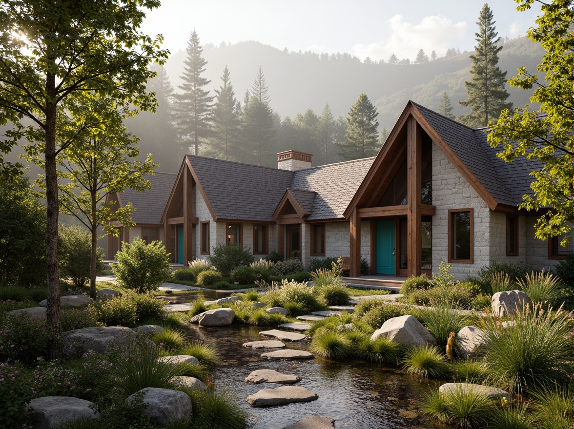 Prompt: Rustic mountain homes, eclectic architectural style, natural stone facades, wooden accents, asymmetrical rooflines, vibrant turquoise doors, lush greenery, wildflower gardens, meandering stone pathways, tranquil water features, boulder outcroppings, forest surroundings, misty mornings, warm golden lighting, soft focus, 1/1 composition, intimate framing, realistic textures, atmospheric perspective.