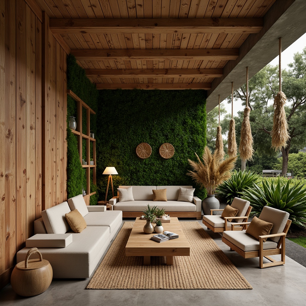 Prompt: Earthy tone, organic shapes, reclaimed wood accents, living green walls, natural stone flooring, bamboo furniture, woven textiles, rattan decorations, earthy color palette, warm ambient lighting, soft shadows, 3/4 composition, realistic textures, ambient occlusion, serene atmosphere, cozy nooks, sustainable design principles, eco-friendly materials, minimal waste generation.