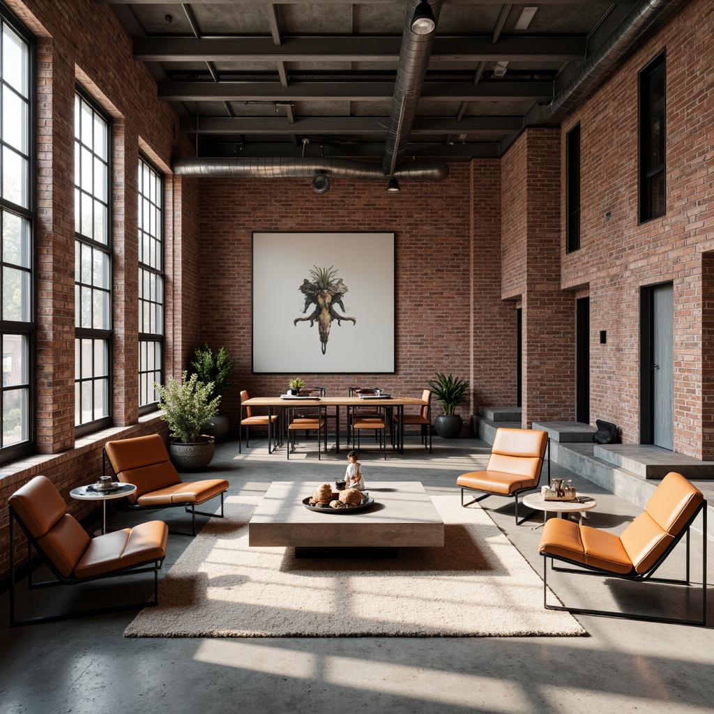 Prompt: Bauhaus-style interior, minimalist decor, industrial chic, exposed brick walls, polished concrete floors, metal beams, geometric shapes, functional furniture, tubular chairs, leather upholstery, bold color accents, rectangular coffee tables, asymmetrical layouts, natural light pouring in, soft diffused lighting, high ceilings, open spaces, urban loft atmosphere, modern art pieces, abstract sculptures, avant-garde installations.