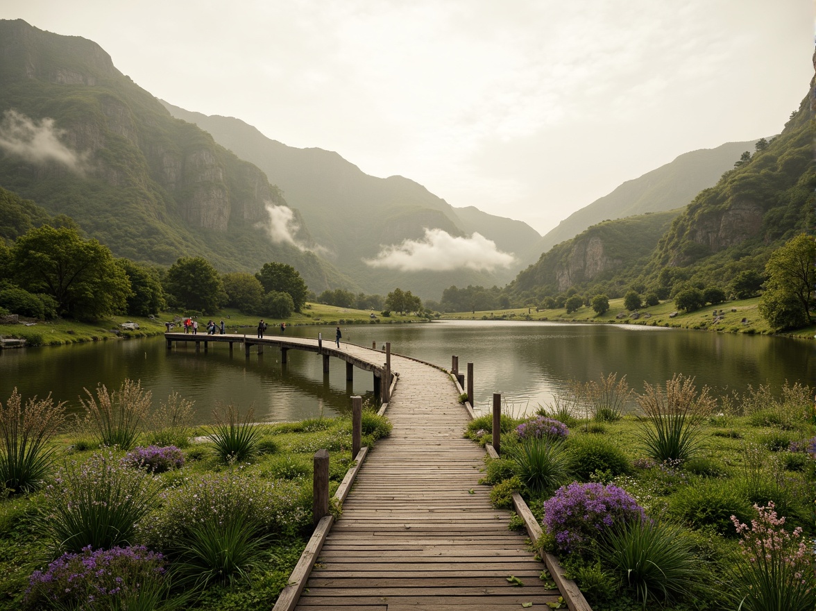 Prompt: Harmonious landscape integration, rolling hills, lush greenery, serene lakeside, walking trails, wooden boardwalks, native plant species, seasonal flower blooms, natural stone pathways, weathered wood accents, earthy color palette, soft warm lighting, atmospheric fog effects, 1/1 composition, symmetrical framing, realistic textures, ambient occlusion.