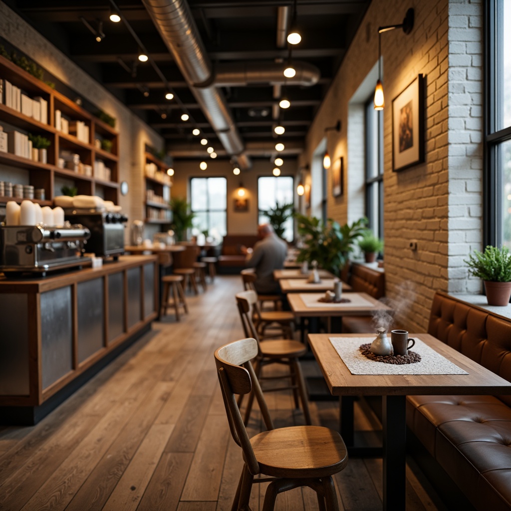 Prompt: Cozy coffee shop, industrial chic design, galvanized steel accents, rustic wooden tables, reclaimed wood flooring, exposed brick walls, modern pendant lights, warm beige tones, rich brown coffee machines, aromatic coffee beans, steamy milk frothing, soft warm lighting, shallow depth of field, 1/1 composition, realistic textures, ambient occlusion.