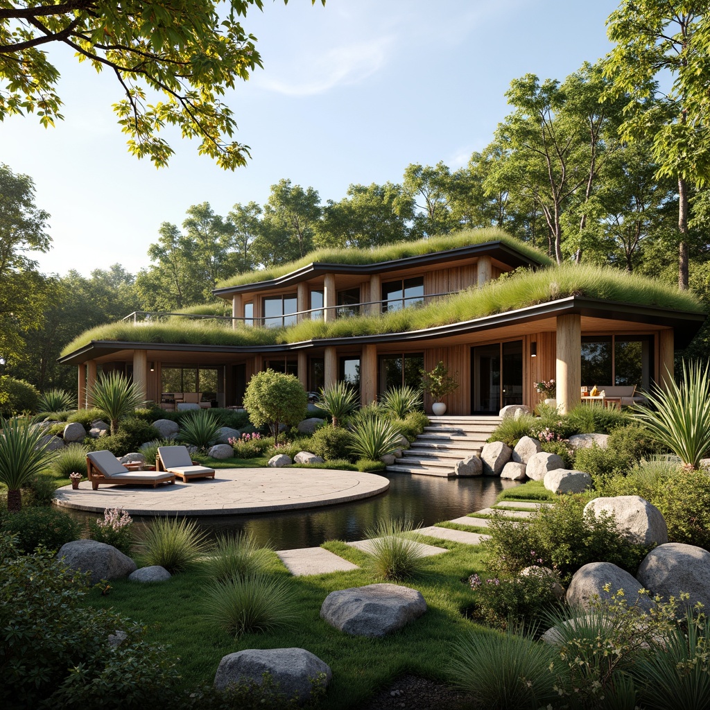 Prompt: Eco-friendly villa, lush green roofs, solar panels, rainwater harvesting systems, natural stone walls, reclaimed wood accents, bamboo flooring, low-carbon concrete foundations, energy-efficient windows, insulated glass doors, minimalist design, organic gardens, native plant species, serene water features, tranquil outdoor spaces, soft warm lighting, shallow depth of field, 3/4 composition, panoramic view, realistic textures, ambient occlusion.