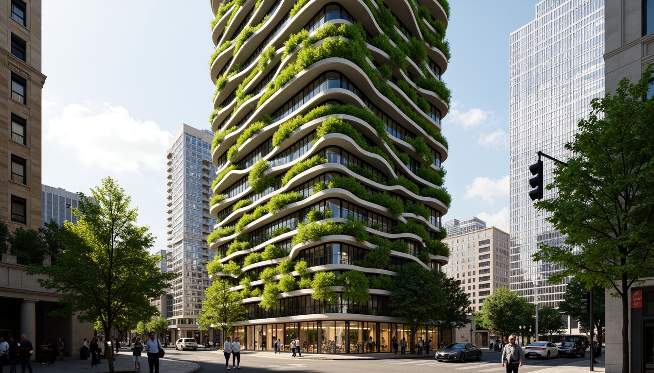 Prompt: Biomimicry skyscraper, lush green walls, organic curves, solar panels, wind turbines, recycled materials, natural ventilation systems, rainwater harvesting, grey water reuse, composting facilities, urban agriculture, rooftop gardens, living roofs, photovoltaic windows, energy-efficient systems, minimal waste generation, carbon-neutral buildings, futuristic design, sleek metal structures, angular lines, modern architecture, vibrant greenery, sunny day, soft warm lighting, shallow depth of field, 3/4 composition, panoramic view, realistic textures, ambient occlusion.