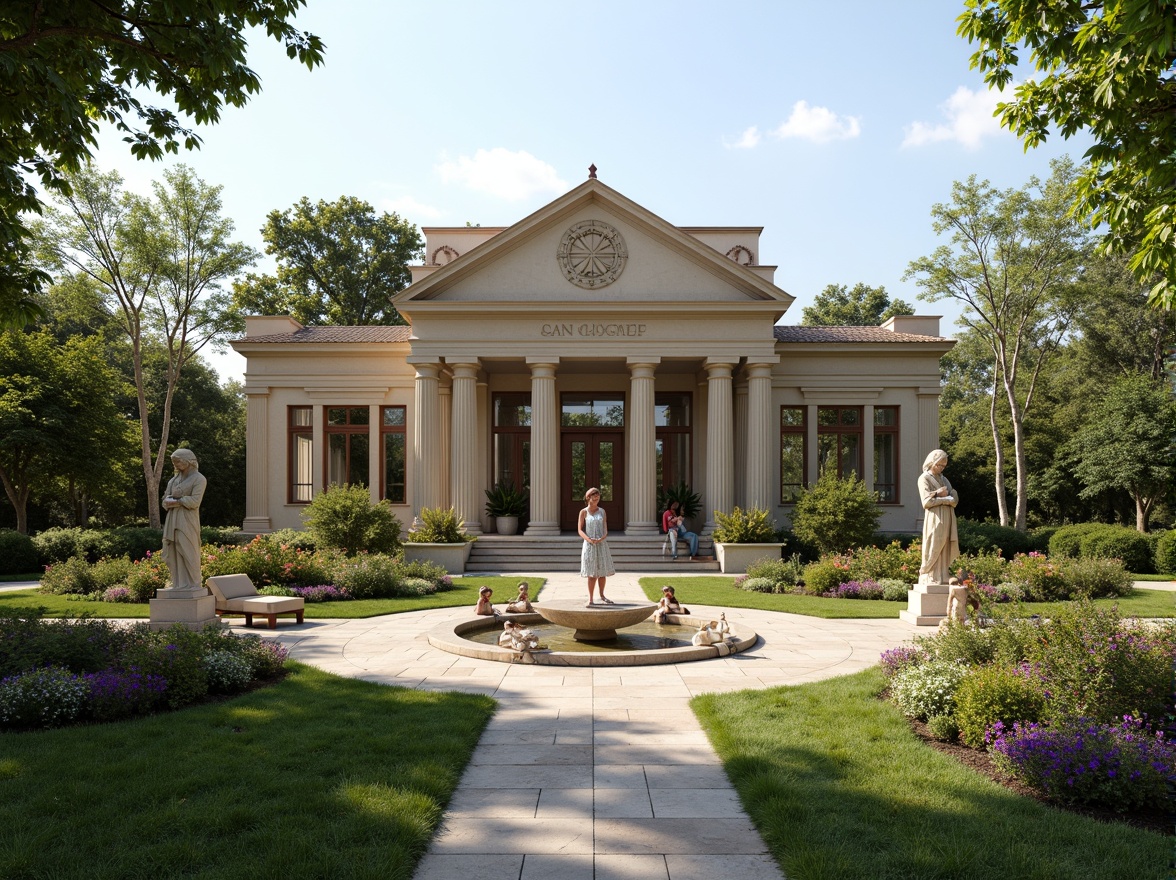 Prompt: Elegant classical mansion, symmetrical facade, grand entrance, ornate columns, carved stone details, lush green lawn, vibrant flower beds, meandering walkways, serene water features, statues and sculptures, natural stone paving, rustic wood accents, soft warm lighting, shallow depth of field, 3/4 composition, panoramic view, realistic textures, ambient occlusion.