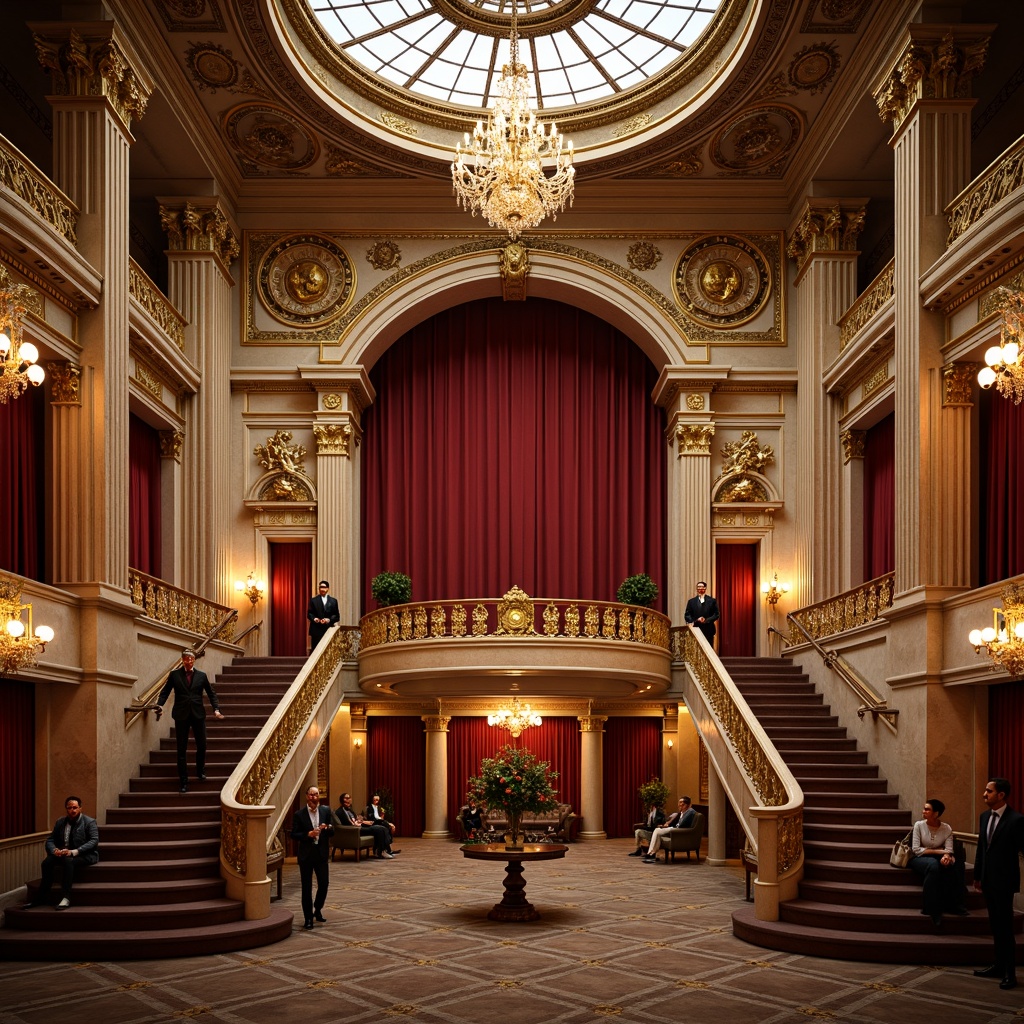 Prompt: Grand opera house, ornate columns, Corinthian capitals, marble cladding, gilded details, red velvet curtains, crystal chandeliers, sweeping staircases, frescoed ceilings, intricate moldings, luxurious fabrics, golden accents, soft warm lighting, shallow depth of field, 1/1 composition, symmetrical balance, grandiose atmosphere, opulent textures, ambient occlusion.