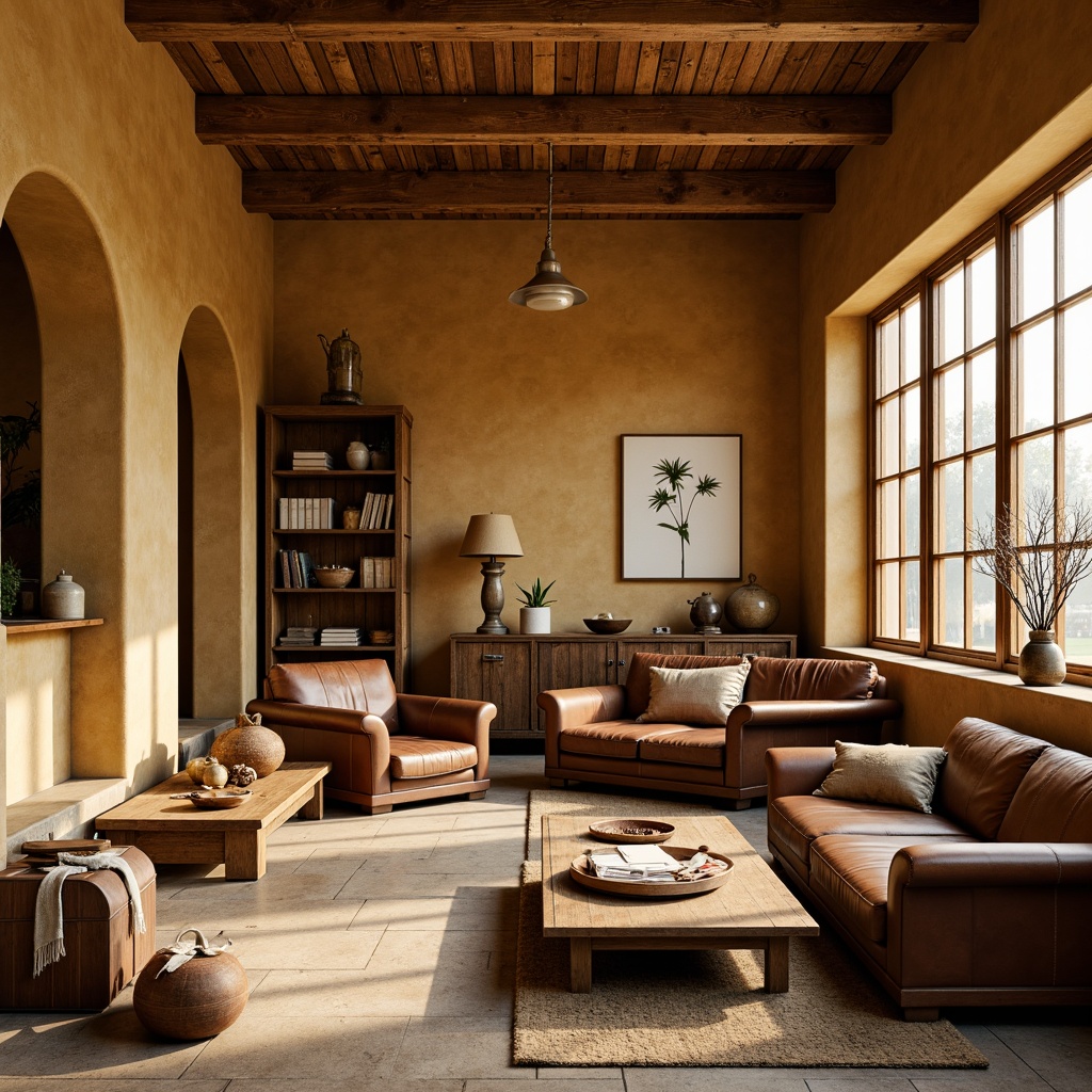 Prompt: Earthy ochre tones, warm beige walls, rustic wooden accents, natural stone floors, vintage decorative items, distressed leather furniture, soft warm lighting, shallow depth of field, 3/4 composition, panoramic view, realistic textures, ambient occlusion.