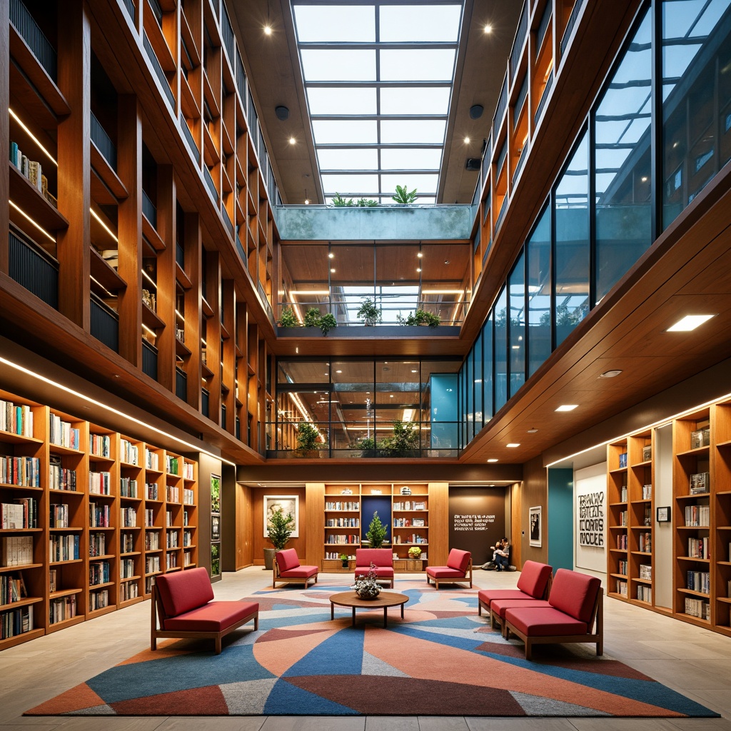 Prompt: Vibrant library interior, rich wooden shelves, bold color blocking, contrasting book spines, warm reading nooks, cozy atmospheric lighting, geometric patterned rugs, minimalist furniture design, natural stone flooring, floor-to-ceiling windows, abundant natural light, open modular spaces, collaborative learning areas, quiet individual study zones, inspirational quote graphics, motivational wall art, calming blue accents, stimulating orange hues, harmonious beige tones, 1/2 composition, shallow depth of field, warm soft focus.