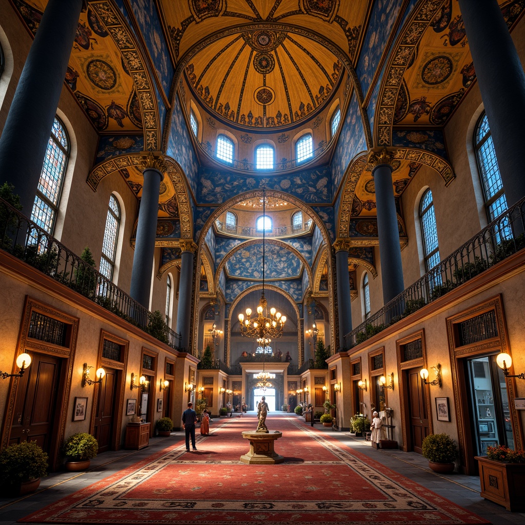 Prompt: Rich Byzantine architecture, ornate golden domes, intricate mosaics, vibrant blue hues, warm terracotta tones, luxurious marble textures, ornamental frescoes, lavish velvet fabrics, jewel-toned stained glass, mystical candlelight, soft warm ambiance, atmospheric perspective, 1/1 composition, dramatic shadows, high contrast, richly ornamented details.