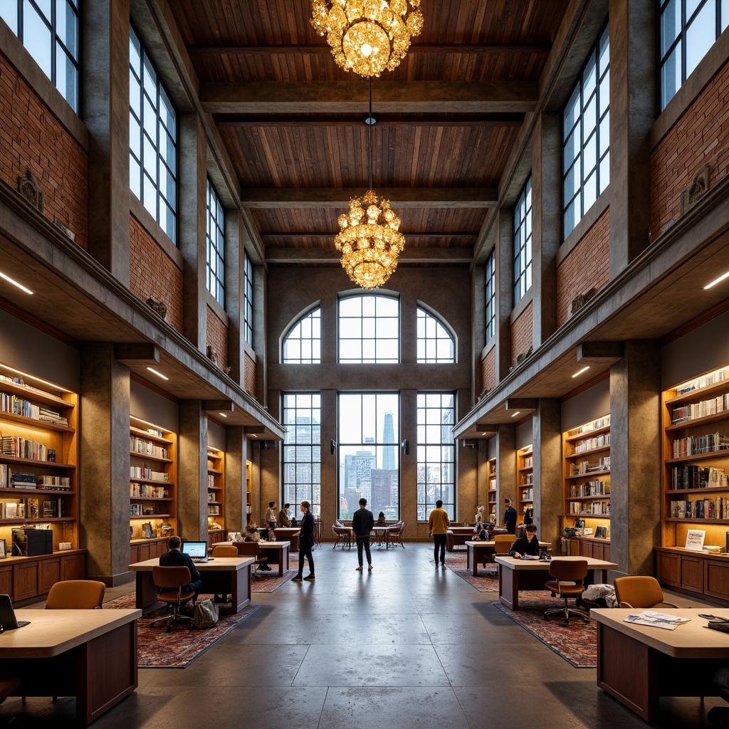 Prompt: Grand reading room, high ceilings, ornate chandeliers, wooden bookshelves, comfortable seating areas, natural stone floors, warm ambient lighting, minimalist desks, ergonomic chairs, floor-to-ceiling windows, cityscape views, modern structuralism architecture, exposed concrete columns, industrial-style metal beams, functional open spaces, collaborative work zones, quiet individual study areas, soft carpeting, calming color schemes, subtle texture contrasts, 1/2 composition, realistic rendering, atmospheric lighting effects.