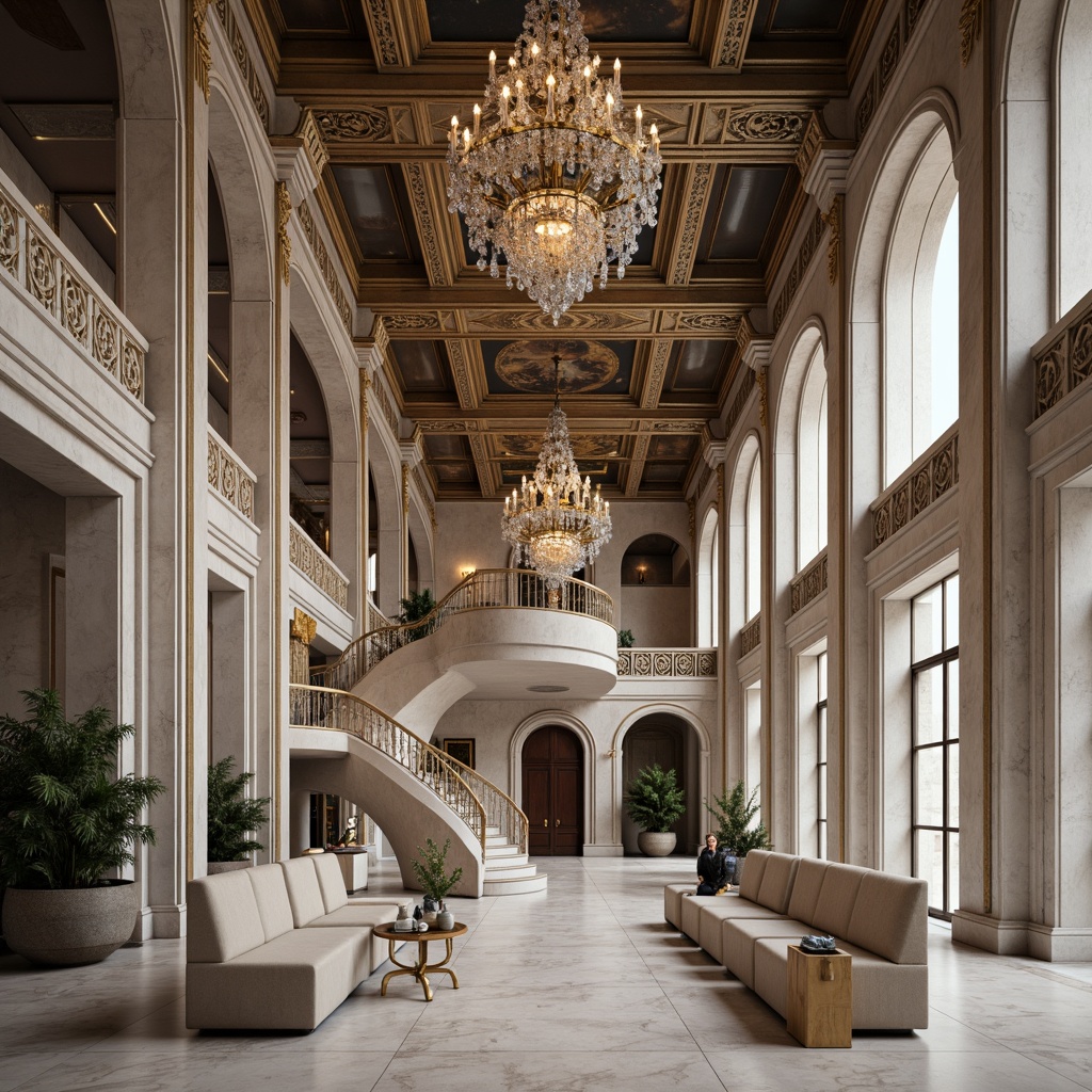 Prompt: Grandiose columns, ornate capitals, carved marble facades, symmetrical archways, opulent chandeliers, intricate moldings, lavish frescoes, regal staircases, stately foyers, modern twists on ancient Greek pediments, subtle nods to Romanesque architecture, elegant fusion of classicism and minimalism, neutral color palette with pops of rich jewel tones, subtle play of natural light and artificial illumination, 1/2 composition, dramatic shadows, realistic textures, ambient occlusion.