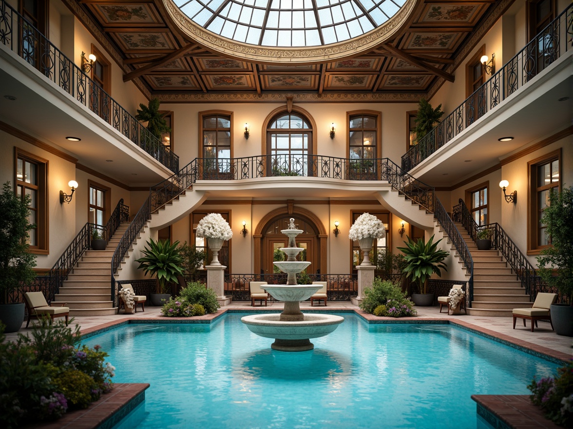 Prompt: Ornate swimming pool, grandiose fountain, majestic stone statues, curved staircases, ornamental railings, decorative balusters, arched windows, vaulted ceilings, frescoed walls, golden accents, intricate mosaics, dramatic lighting, soft focus, shallow depth of field, 1/2 composition, symmetrical framing, realistic water effects, ambient occlusion.