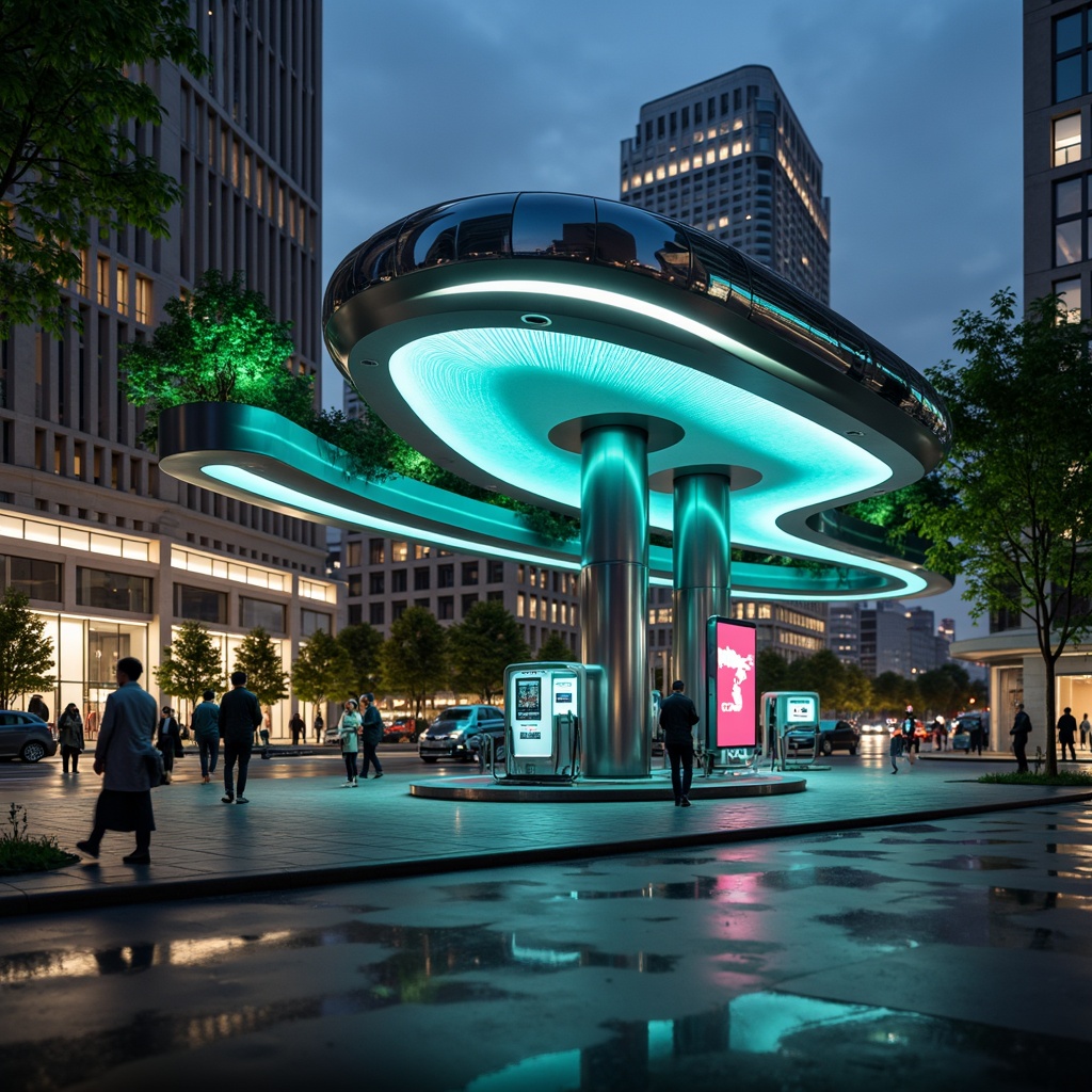 Prompt: Futuristic charging station, dynamic LED lights, curved metallic surfaces, sleek angular lines, green roofs, solar panels, wind turbines, modern minimalist architecture, vibrant neon accents, urban cityscape, busy streets, rush hour atmosphere, shallow depth of field, 3/4 composition, panoramic view, realistic reflective materials, ambient occlusion.