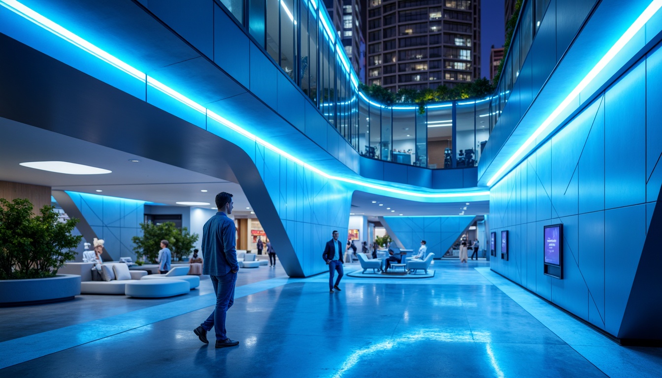 Prompt: Vibrant electric blue accents, sleek silver metallic surfaces, glowing white LED lights, modern minimalist architecture, curved lines, futuristic designs, high-tech gadgets, urban cityscape backgrounds, daytime natural light, shallow depth of field, 3/4 composition, realistic reflections, ambient occlusion.