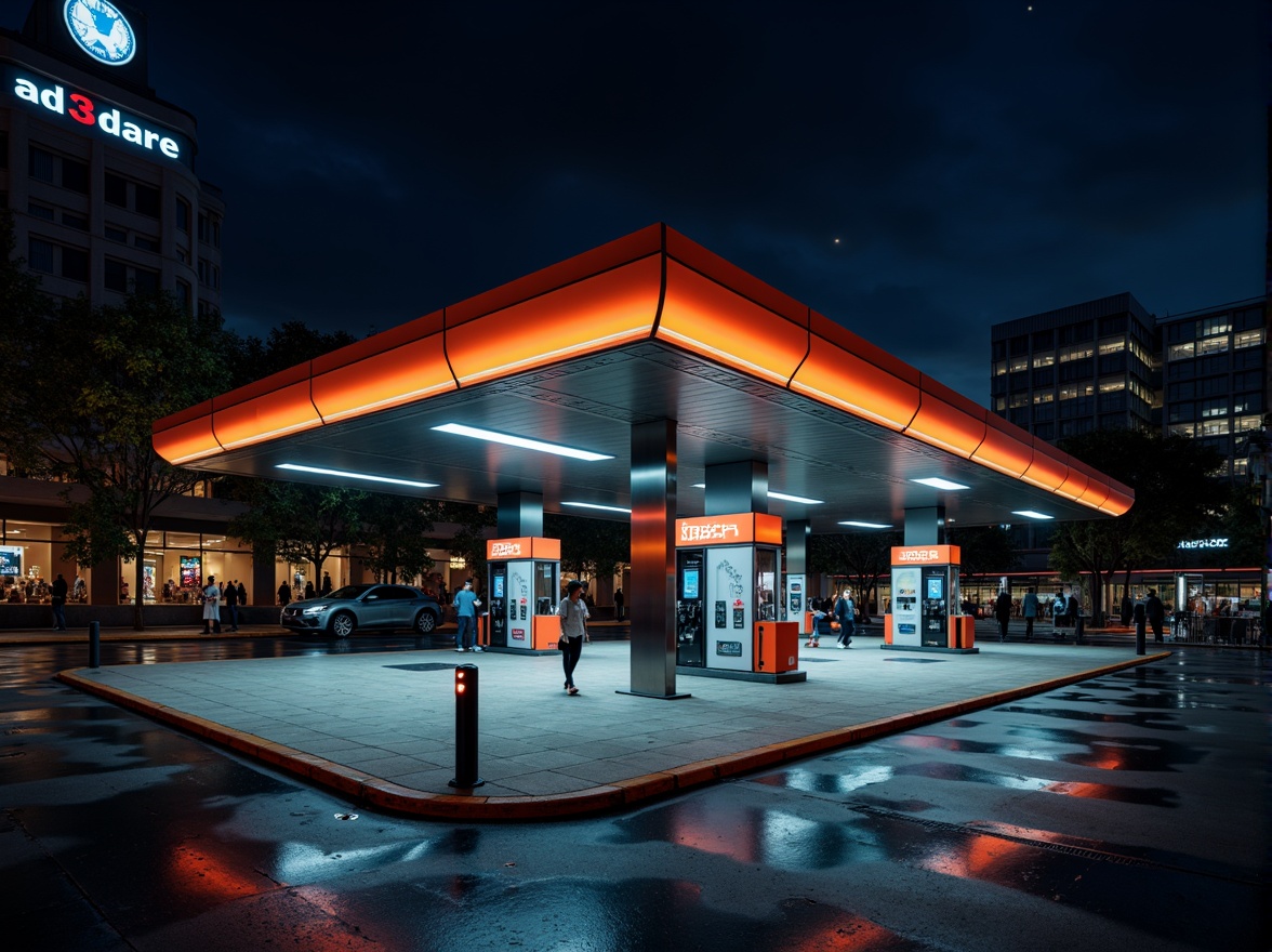 Prompt: Contemporary gas station, sleek metal canopy, neon signage, LED strips, warm indirect lighting, high-contrast dramatic shadows, futuristic architecture, minimalist design, angular lines, geometric shapes, reflective surfaces, polished concrete floors, industrial chic decor, bold color accents, urban cityscape, night scene, cinematic atmosphere, low-key lighting, subtle gradient effects, 1/2 composition, atmospheric perspective, realistic reflections.