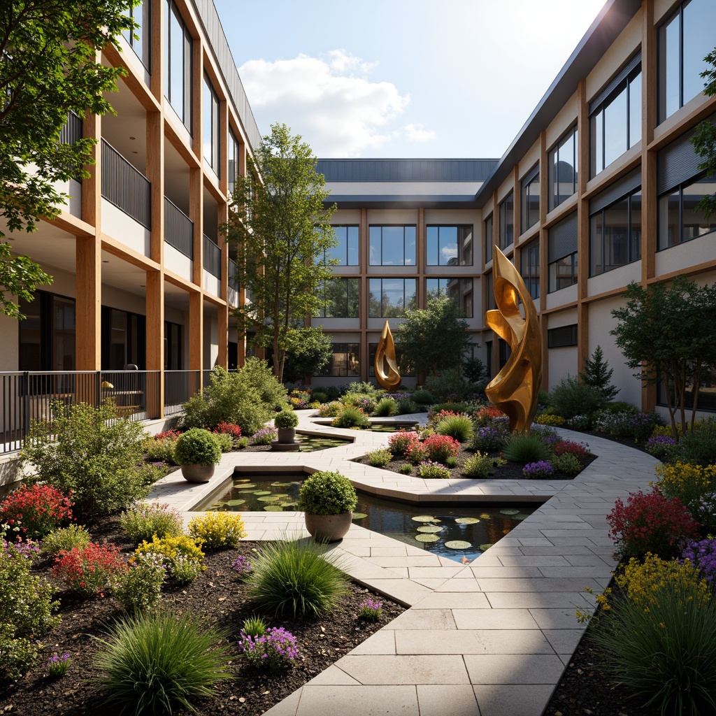 Prompt: Vibrant high school courtyard, expressionist sculpture garden, abstract art installations, bold colorful flowers, undulating pathways, irregularly shaped ponds, modernist benches, eclectic mix of materials, industrial metal accents, reclaimed wood features, dynamic lighting effects, dramatic shadows, 1/1 composition, low-angle shot, moody atmospheric rendering, detailed texture overlays.