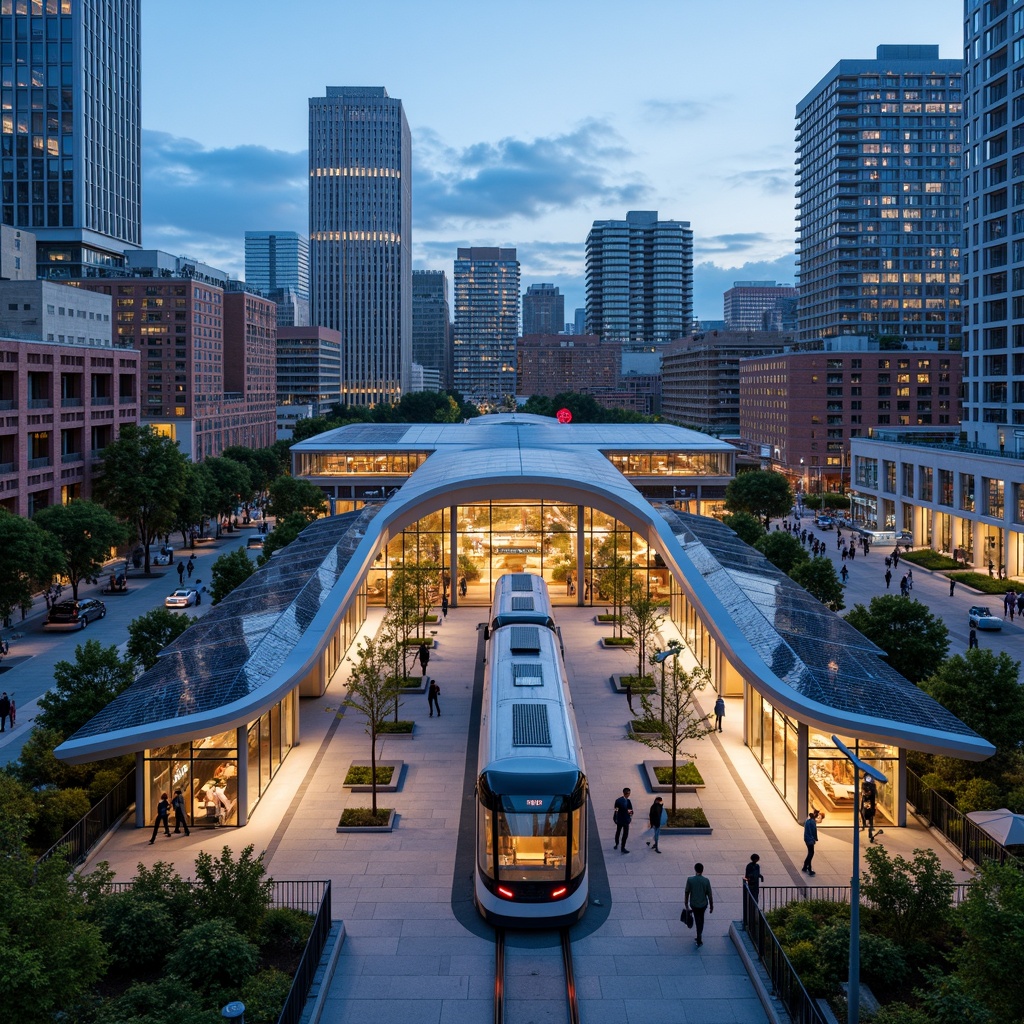 Prompt: Curved glass facade, dynamic LED lighting, futuristic tram station, sleek metal structures, minimalist architecture, vibrant cityscape, urban transportation hub, bustling pedestrian traffic, modern street furniture, green roofs, solar panels, energy-efficient systems, cantilevered canopies, angular lines, geometric patterns, reflective surfaces, shallow depth of field, 3/4 composition, panoramic view, realistic textures, ambient occlusion.