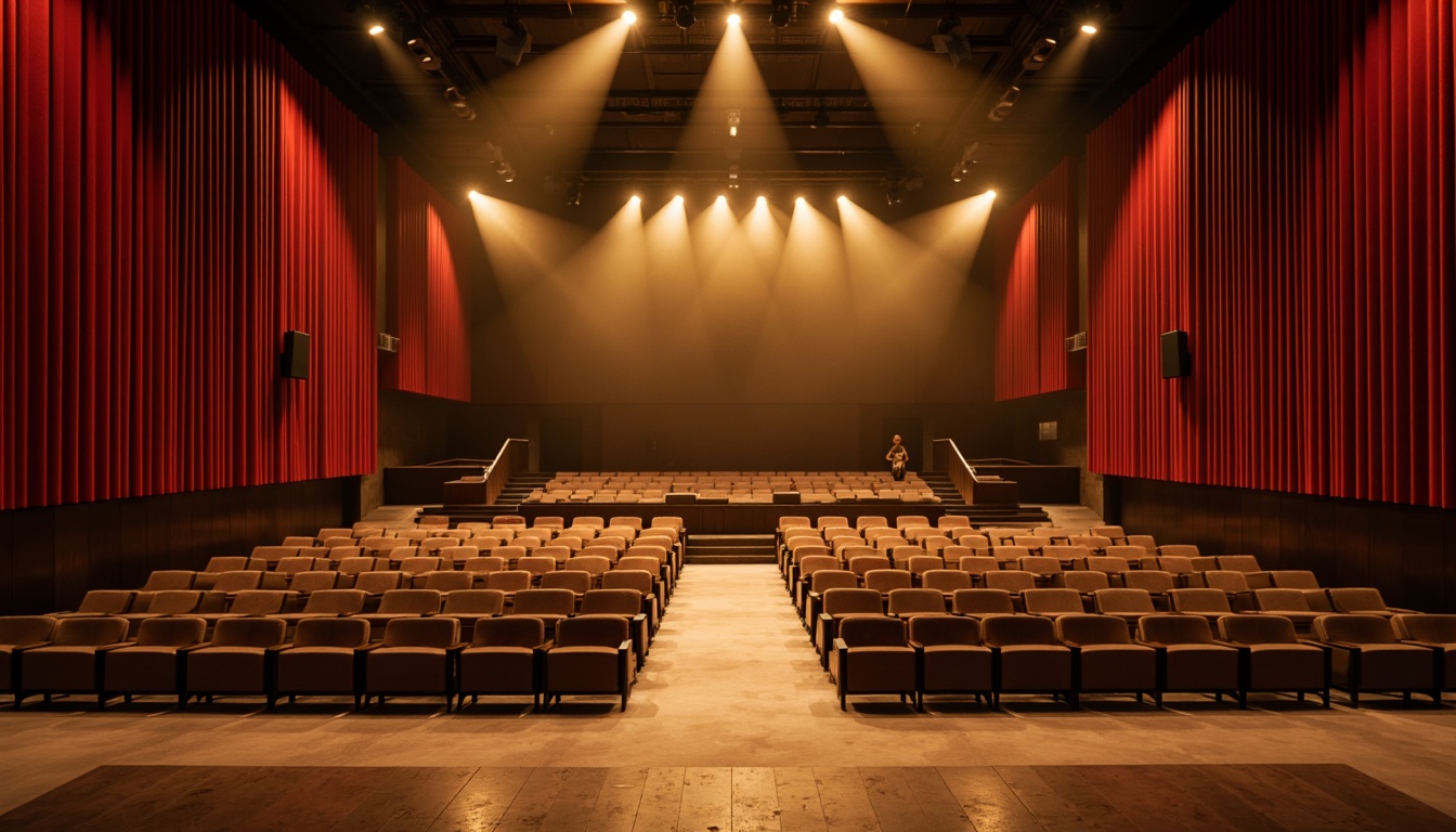 Prompt: Elegant auditorium interior, rich velvet curtains, warm golden lighting, luxurious seating arrangements, acoustic paneling, dark wood tones, deep crimson accents, soft beige carpets, subtle gradient effects, atmospheric misty ambiance, dramatic spotlights, 3/4 composition, cinematic view, realistic reflections, ambient occlusion.