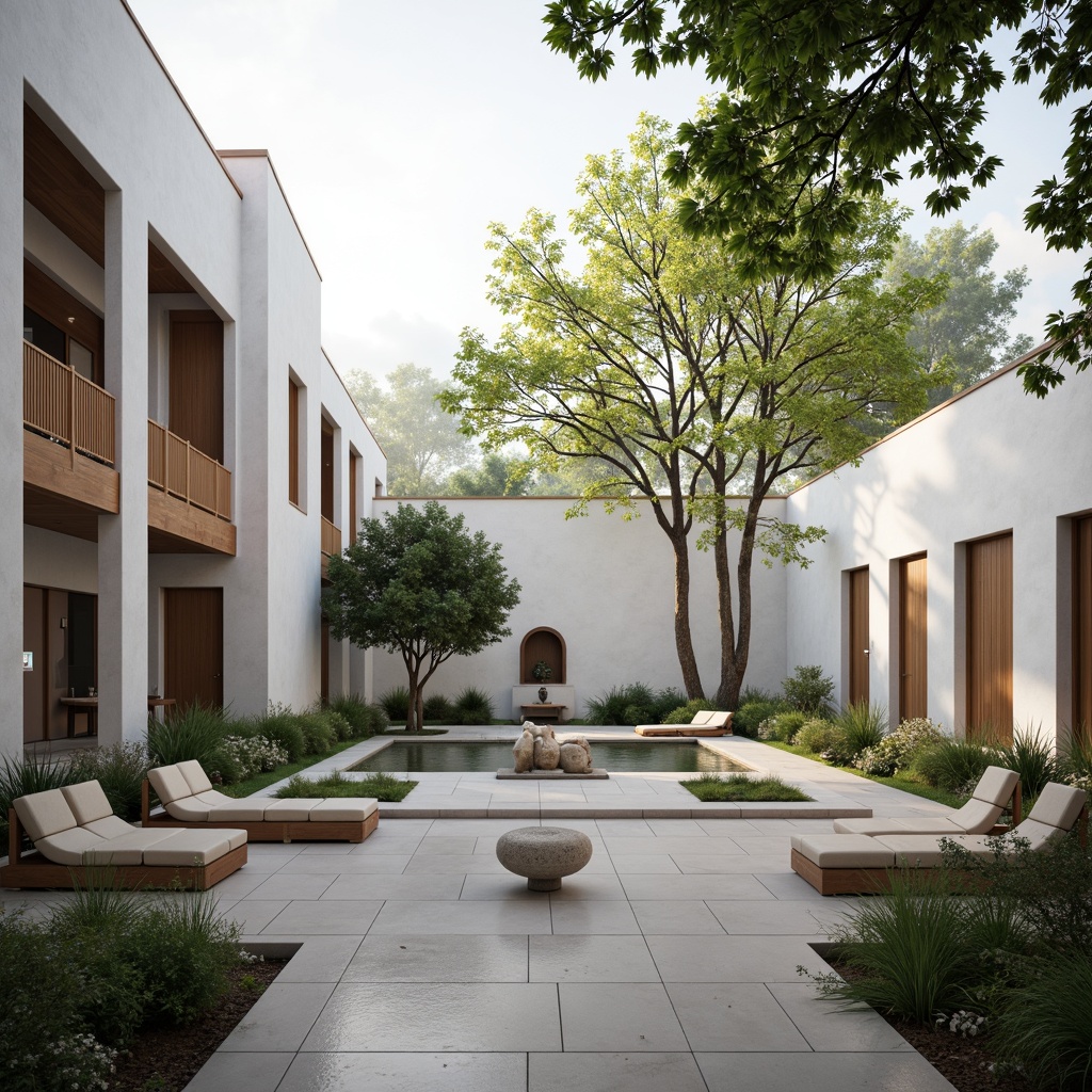 Prompt: Serenity-filled monastery courtyard, minimalist Bauhaus architecture, clean lines, rectangular shapes, monochromatic color scheme, natural stone flooring, wooden accents, simple furniture, abstract sculptures, lush greenery, tranquil water features, soft diffused lighting, shallow depth of field, 1/1 composition, panoramic view, realistic textures, ambient occlusion.Note