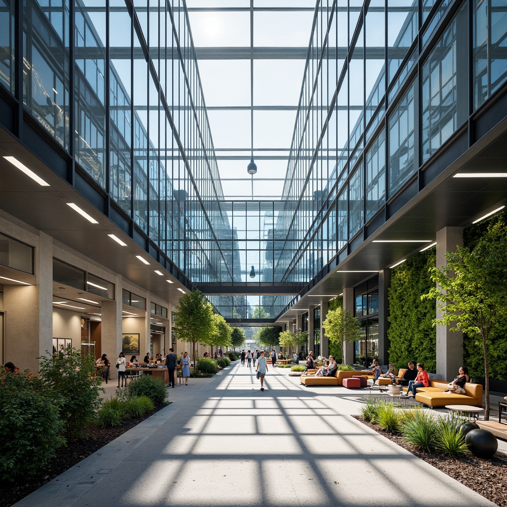 Prompt: Contemporary office building, transparent glass facades, minimalist metal frames, subtle reflections, natural daylight, energy-efficient systems, solar shading devices, vertical green walls, lush internal gardens, open floor plans, collaborative workspaces, modern ergonomic furniture, abstract geometric patterns, soft diffused lighting, 1/1 composition, shallow depth of field, realistic materials.