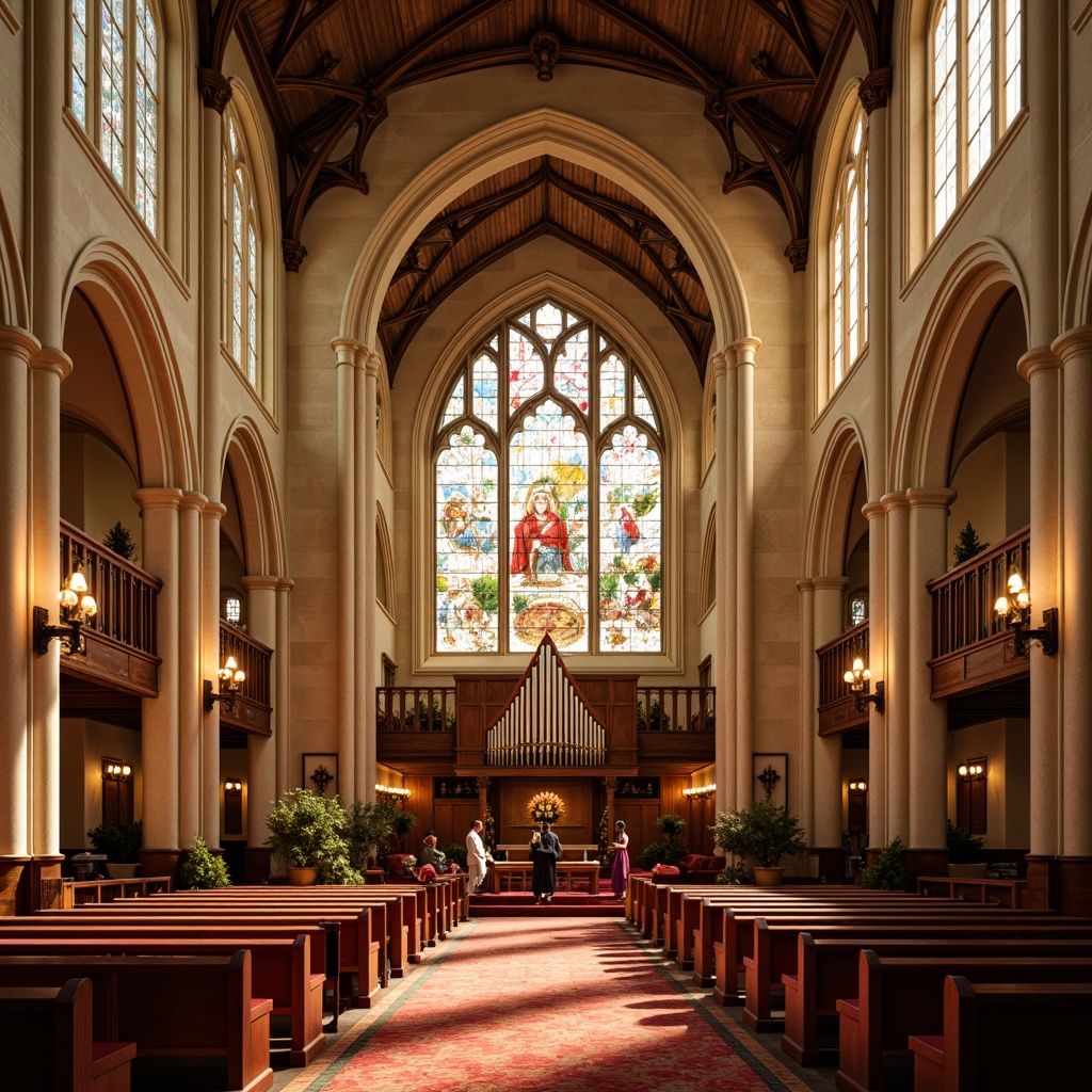 Prompt: \Ethereal church interior, warm golden lighting, rich wood tones, soft cream-colored stone walls, vibrant stained glass windows, intricate Gothic arches, ornate carvings, majestic pipe organs, plush red velvet pews, delicate floral patterns, heavenly frescoes, subtle texture overlays, warm afternoon sunlight, soft focus effect, 1/2 composition, atmospheric perspective.\