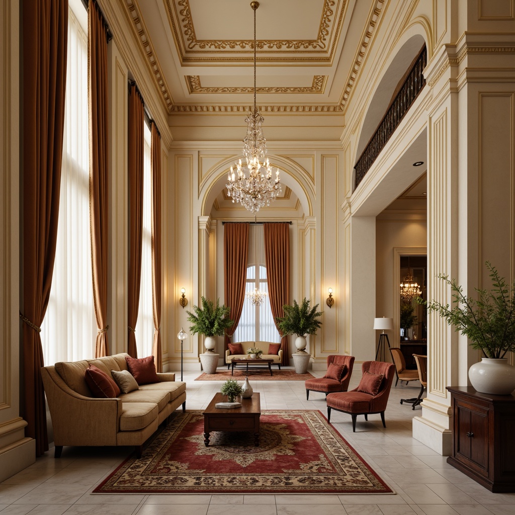 Prompt: Elegant neoclassical architecture, cream marble columns, ornate moldings, gilded accents, soft warm beige walls, rich dark wood furniture, luxurious velvet drapes, intricate patterned rugs, crystal chandeliers, subtle warm lighting, shallow depth of field, 1/1 composition, realistic textures, ambient occlusion.