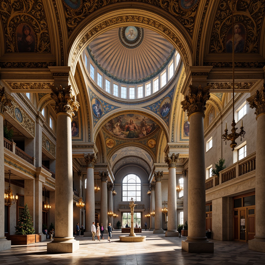 Prompt: Grand Byzantine dome, ornate stone carvings, golden mosaics, intricate arches, vibrant frescoes, lavish chandeliers, marble floors, ornamental columns, majestic vaulted ceilings, symmetrical compositions, dramatic lighting effects, warm ambient glow, shallow depth of field, 1/1 composition, realistic textures, ambient occlusion.