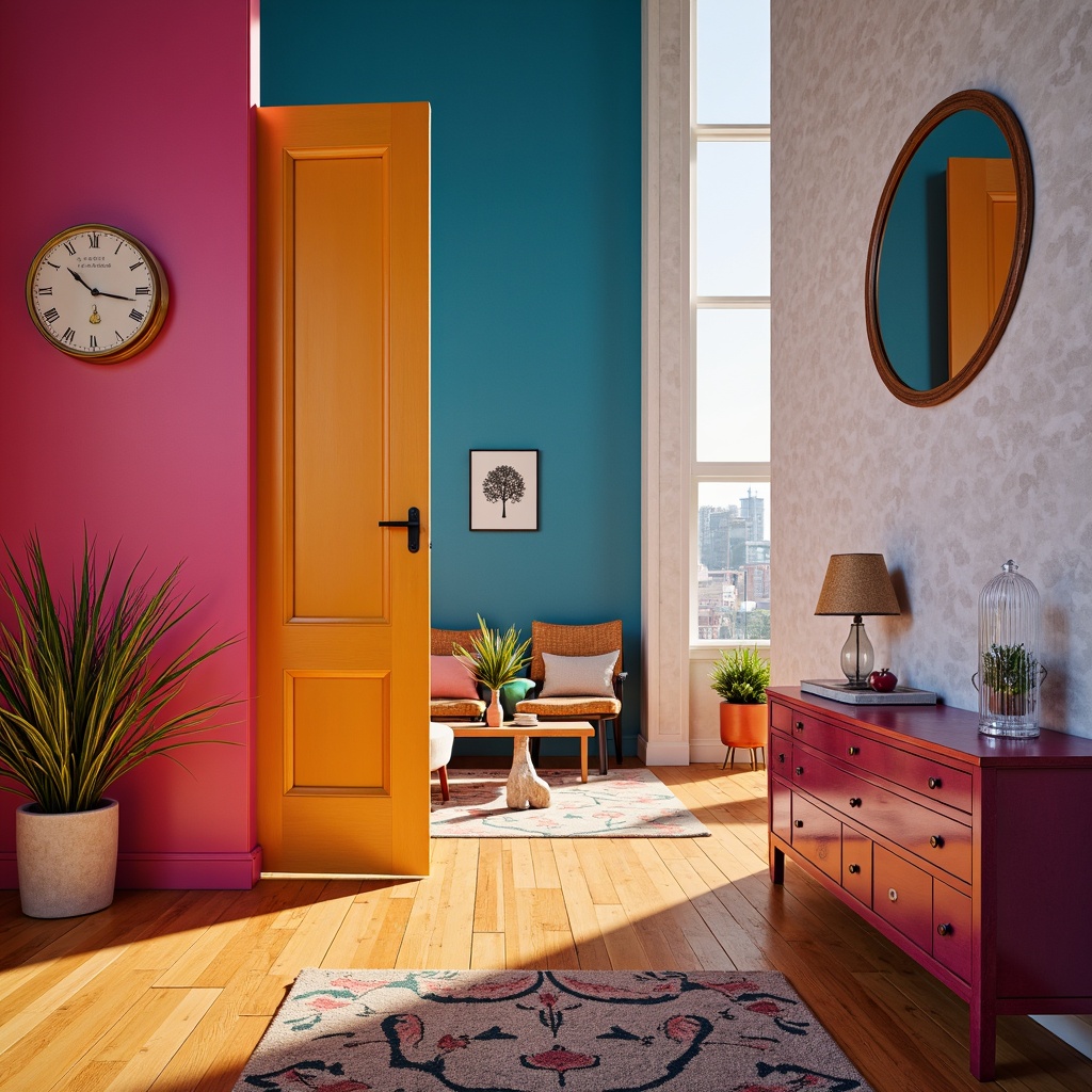 Prompt: Vibrant design studio, modern color theory, bold typography, sleek lines, contrasting hues, pastel accents, rich textures, natural materials, minimalist aesthetic, warm ambient lighting, shallow depth of field, 1/1 composition, realistic renderings, soft focus effects, atmospheric perspective.