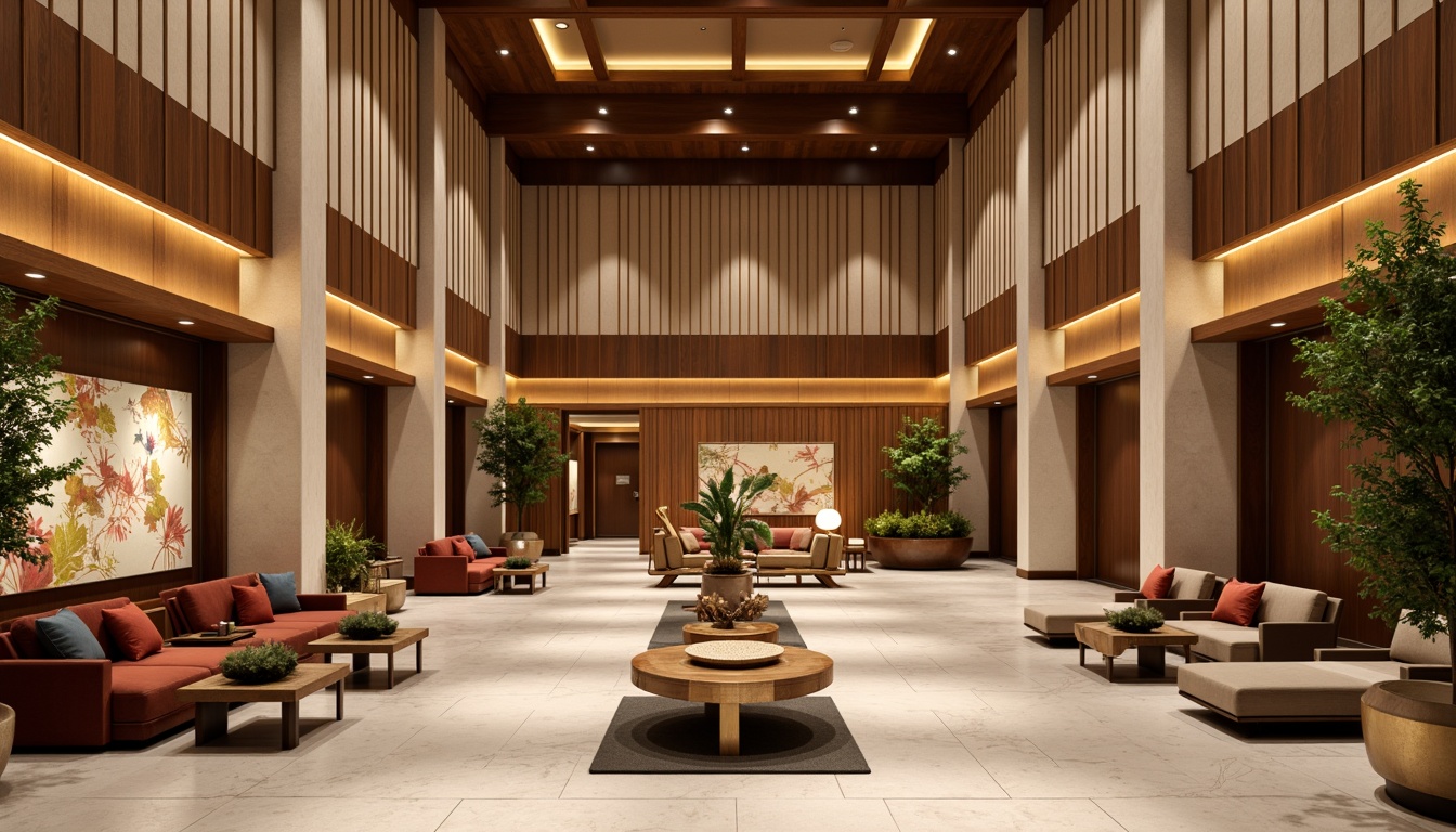 Prompt: Vibrant hotel lobby, rich wood accents, warm beige tones, soft gold lighting, plush velvet furnishings, bold abstract artwork, sleek metallic decor, luxurious marble floors, calming natural ambiance, inviting atmosphere, warm color palette, high-contrast design, dramatic shadows, 1/2 composition, realistic textures, ambient occlusion.