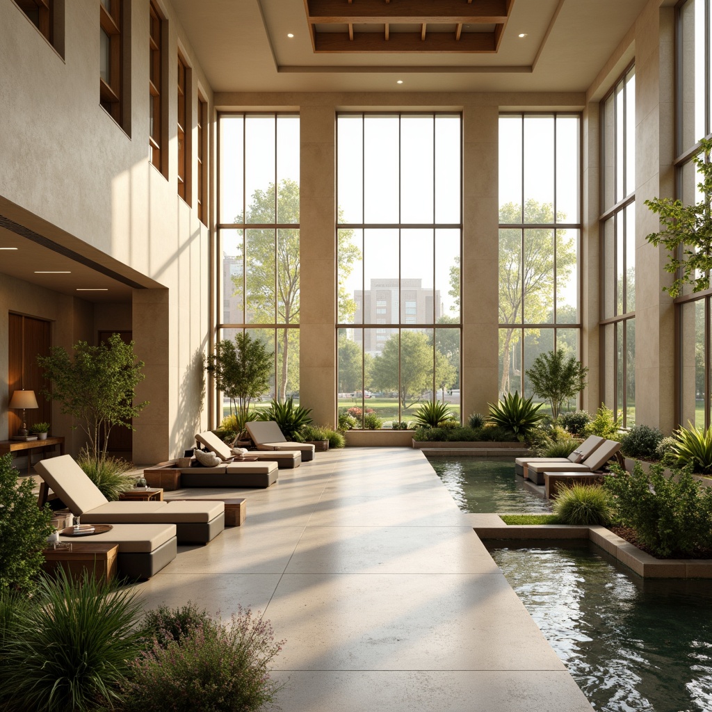 Prompt: Calming rehabilitation center, large windows, natural light pouring in, warm beige walls, comfortable seating areas, lush green plants, soothing water features, gentle breezes, peaceful atmosphere, modern architecture, minimal ornamentation, functional design, adaptive exercise equipment, supportive handrails, non-slip flooring, calming color palette, soft diffused lighting, 1/1 composition, realistic textures, ambient occlusion.